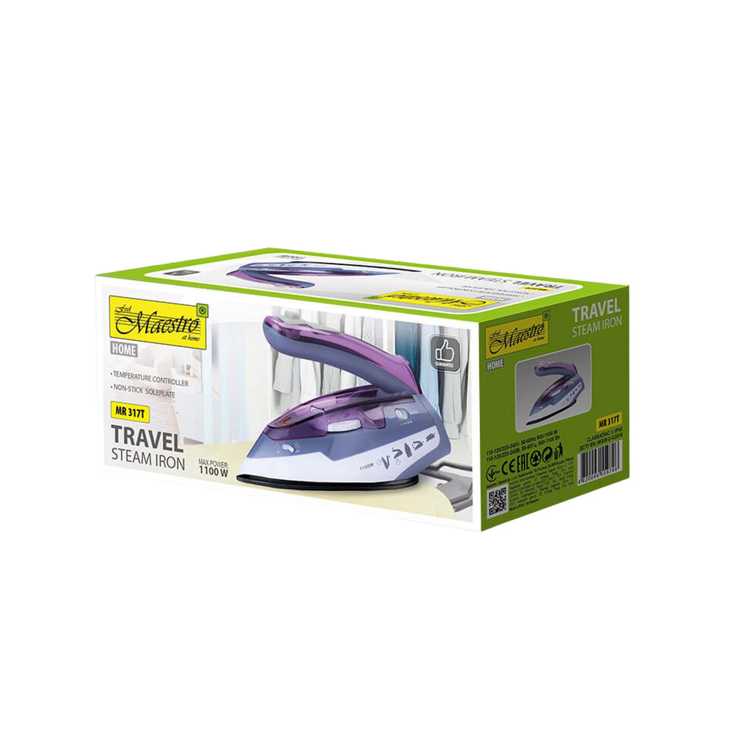 Feel Maestro Reisebügeleisen MR-317T 1100W Antihaft-Reisebügeleisen, 1100 W, Klappbarer Griff, Antihaftbeschichtung, 110-120V / 220-240V