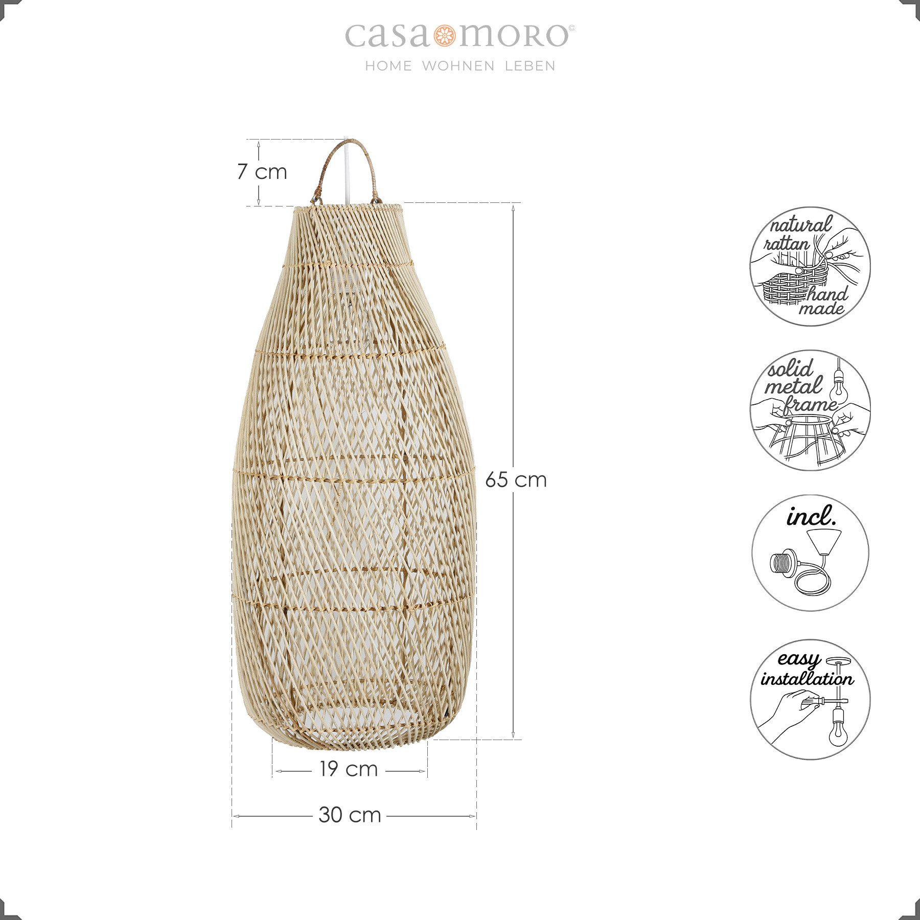 Casa Moro Deckenleuchte XL Pendelleuchte Rattan Natur – Hängelampe Ø 30 x H 72 cm, ohne Leuchtmittel, E27, Wohnzimmer, Schlafzimmer