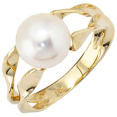 Schmuck Krone Fingerring Ring mit Perle, 585 Gelbgold, schlicht, Gold 585