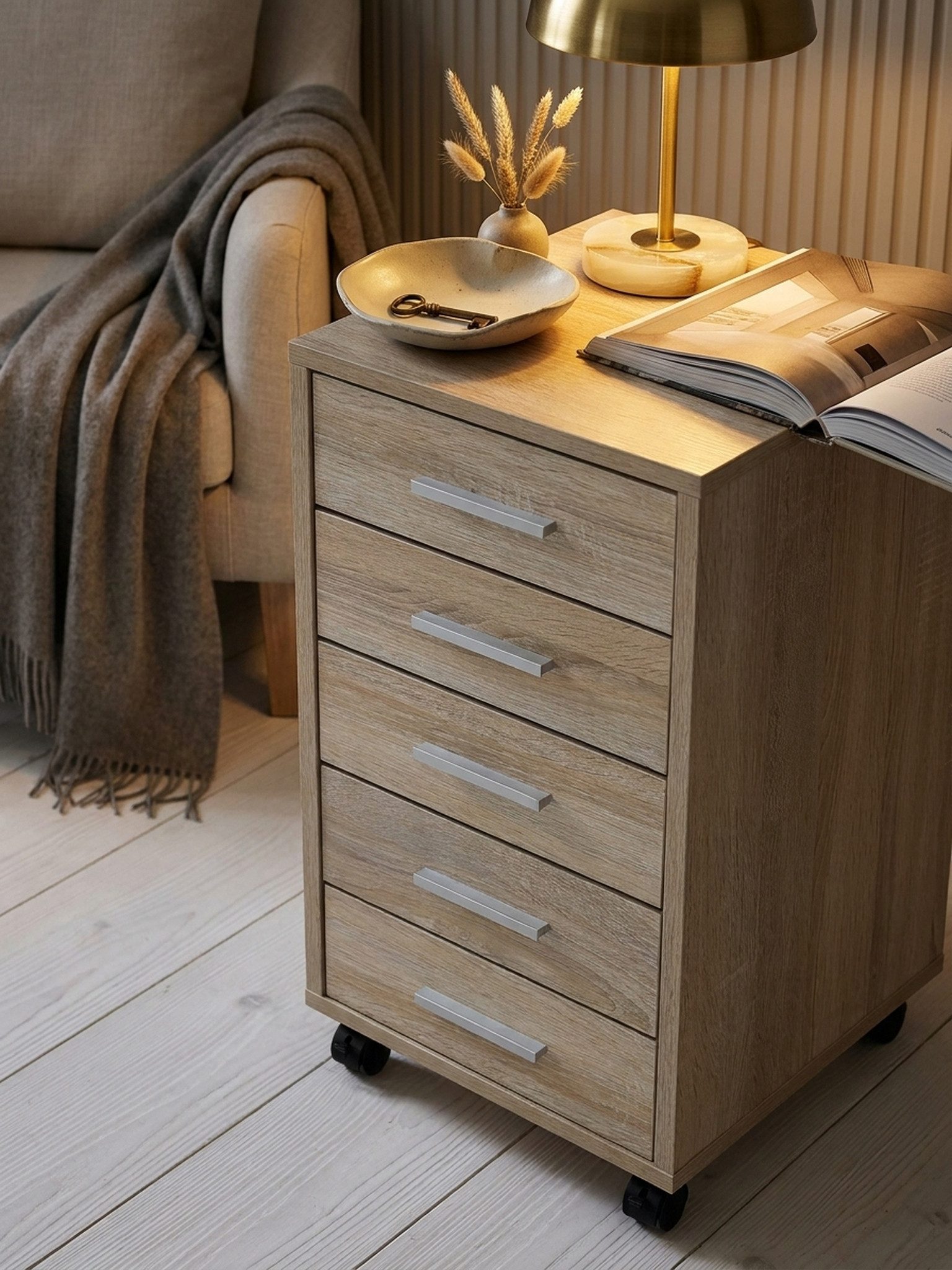 KADIMA DESIGN Rollcontainer Rollcontainer Sonoma 33 x 63 x 38 cm Holz Schubladenschrank, (klein Standcontainer schmal, Schreibtischcontainer mit Rollen), Schreibtisch, Büro Schrank mit 5 Schubladen, Container Rollschrank