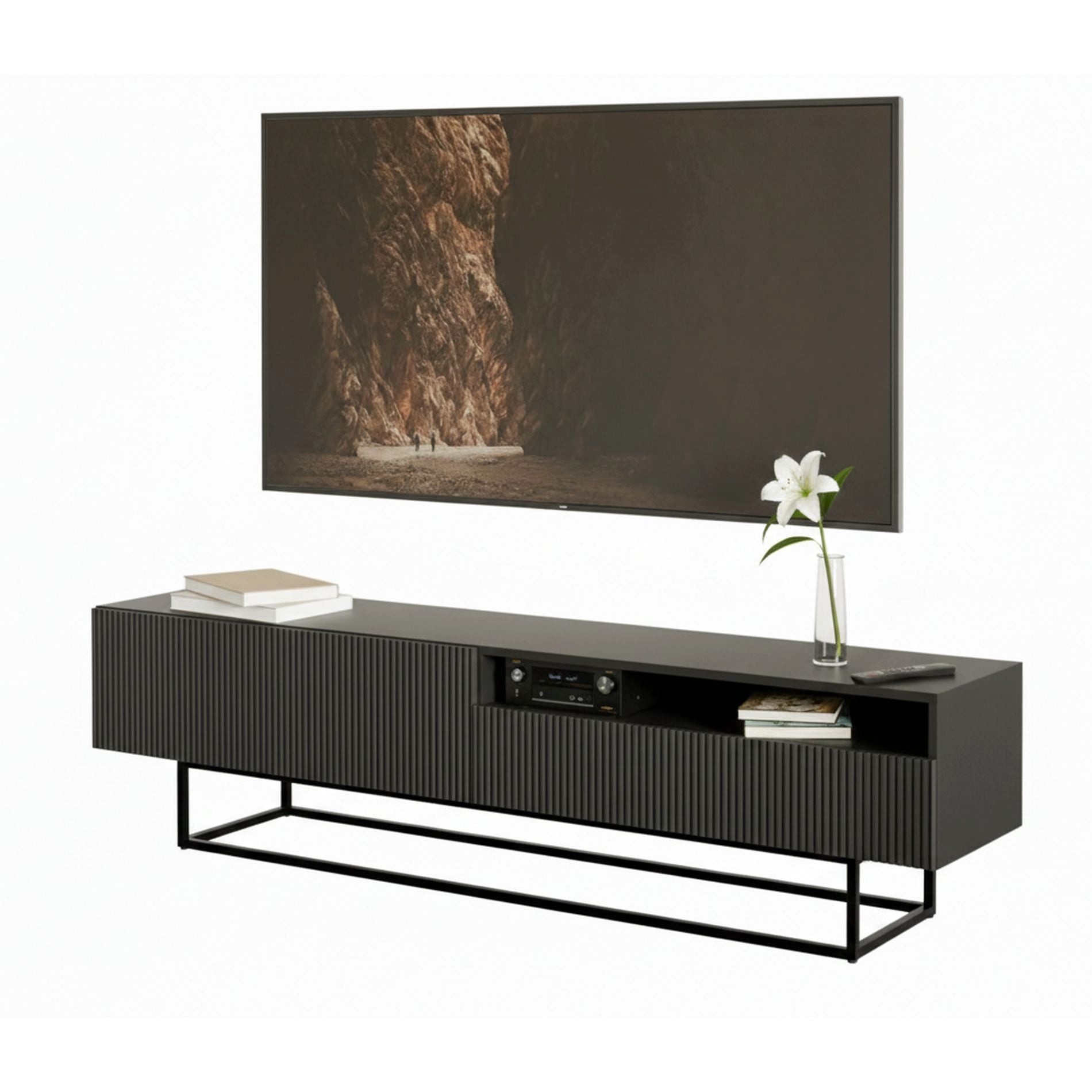 Selsey TV-Schrank VELDIO TV-Lowboard 175 cm – Offenes Fach, Riffel-Optik & Schwarzgestell
