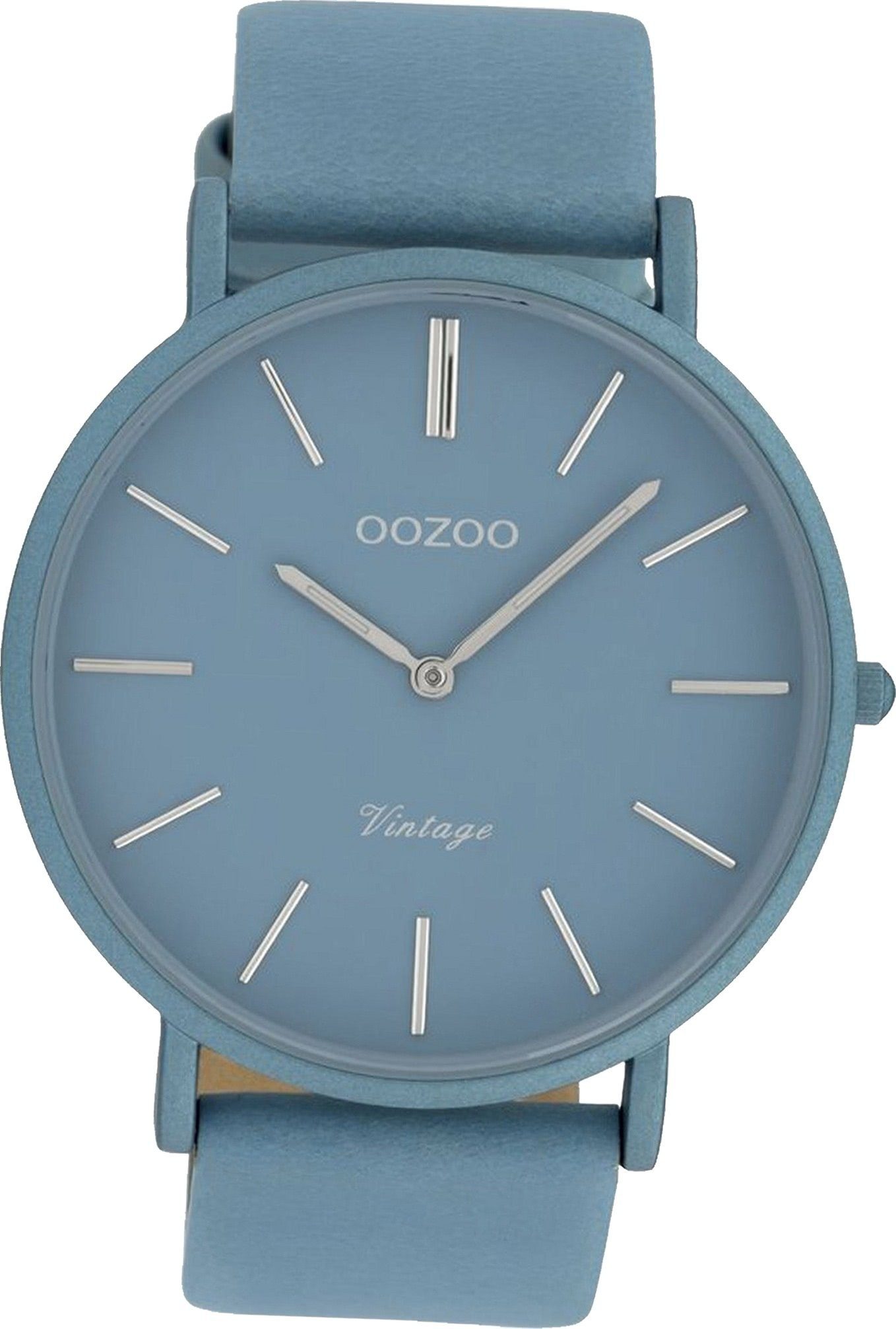 OOZOO Quarzuhr Oozoo Leder Damen Uhr C9877 Analog, Damenuhr Lederarmband hellblau, rundes Gehäuse, groß (ca. 44mm)