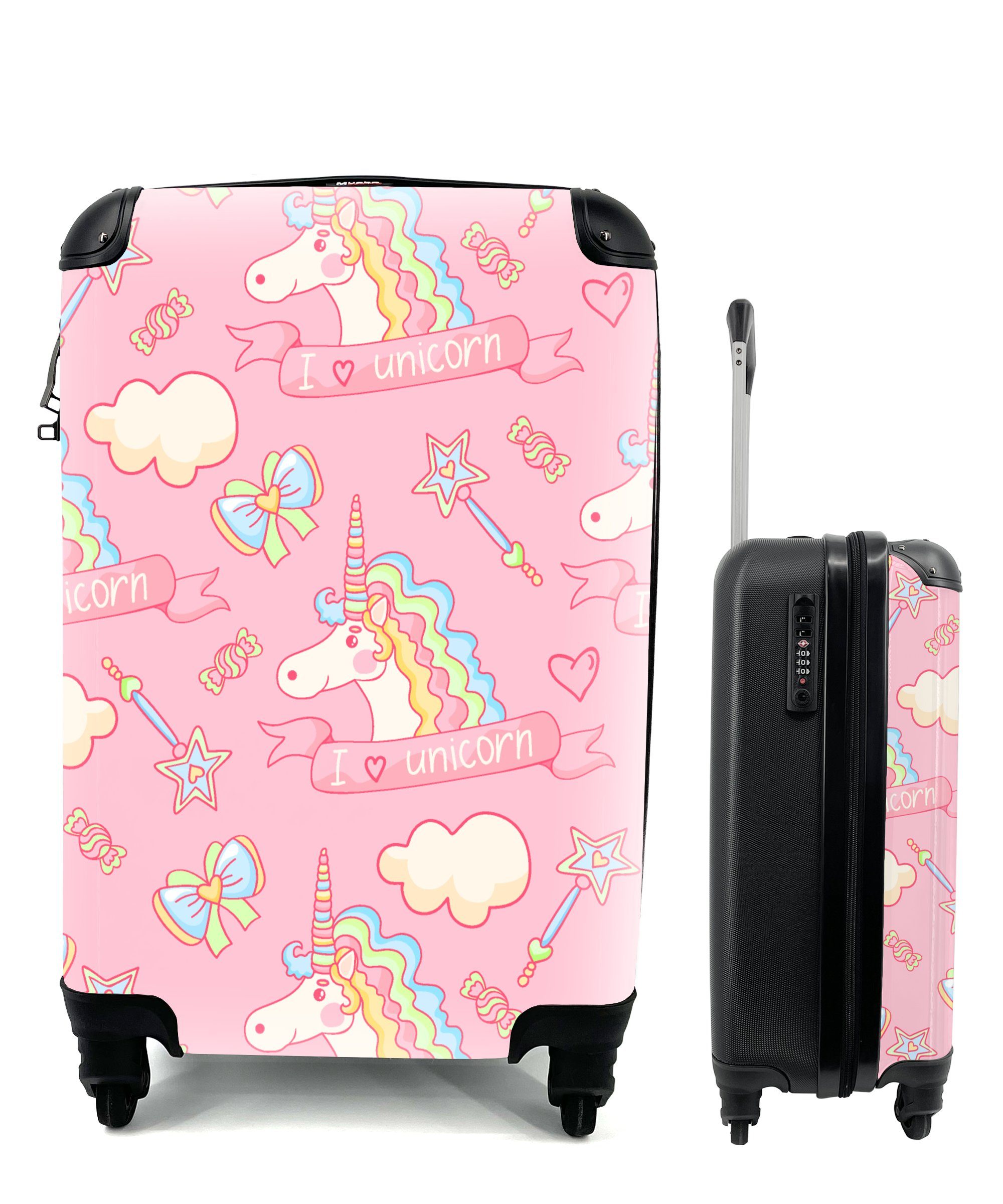 MuchoWow Handgepäckkoffer Einhorn - Rosa - Muster - Kind, 4 Rollen, Reisetasche mit rollen, Handgepäck für Ferien, Trolley, Reisekoffer