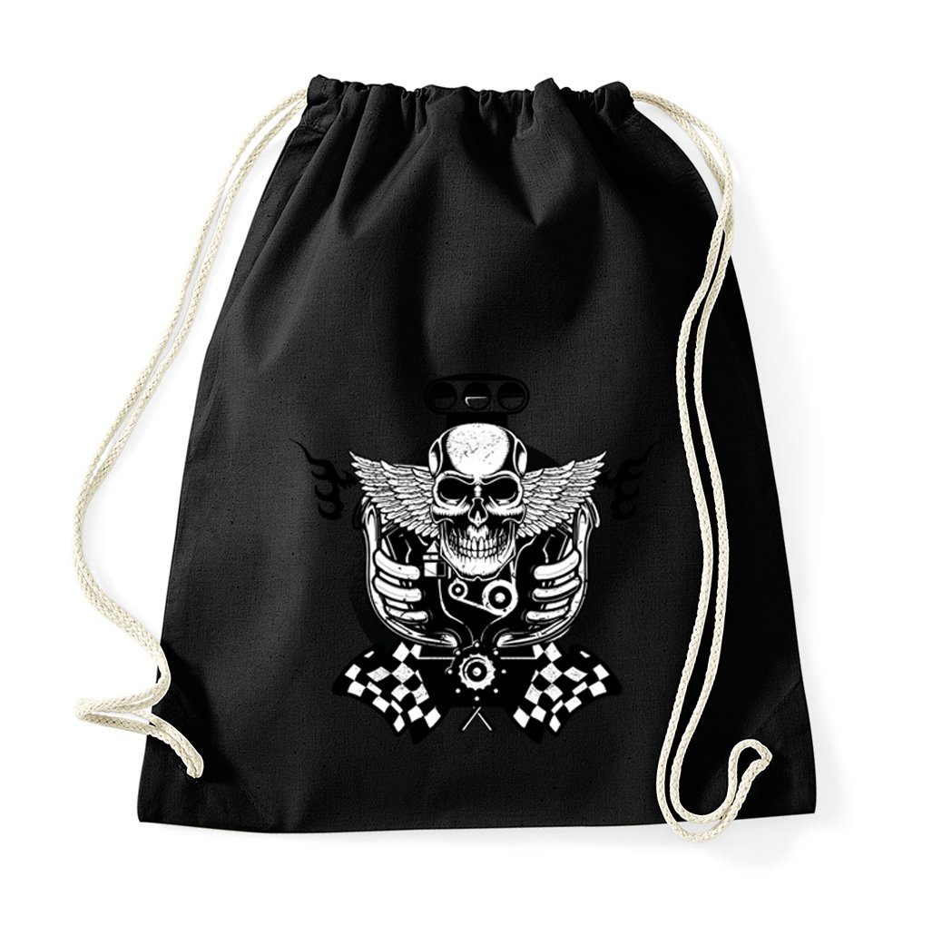 Youth Designz Turnbeutel Totenkopf Motor Baumwoll Tasche Turnbeutel, mit trendigem Print Schwarz