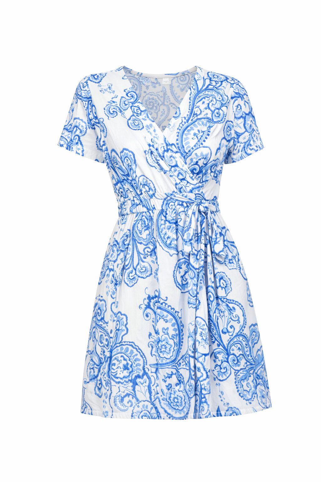 ITALY VIBES Cocktailkleid - gemustertes Sommerkleid - Wickelkleid tailliert - blau ONE SIZE / Einheitsgröße = passt hier Gr. 34 - L / XS - L