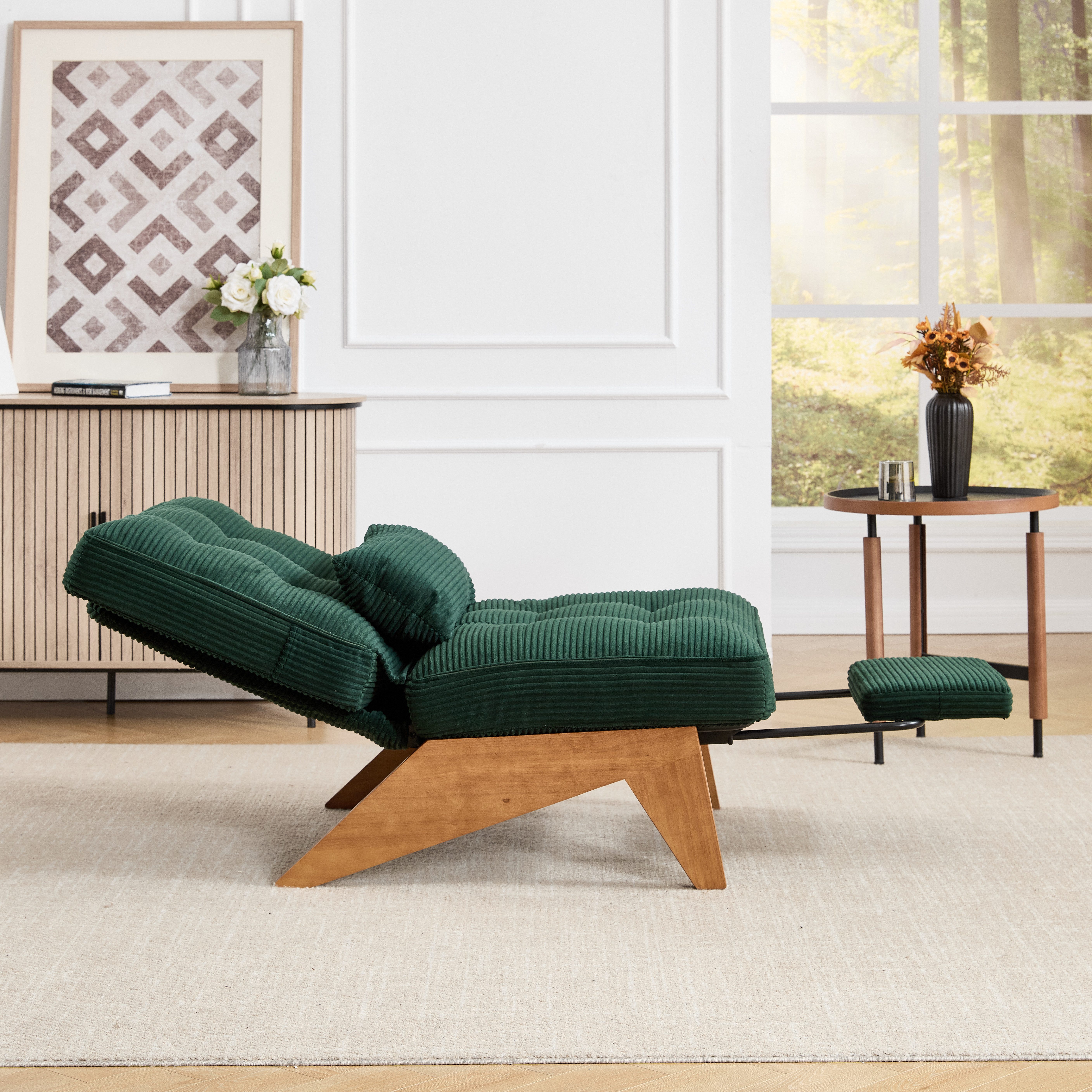 Odikalo Loungesessel Relaxsessel Einzelsessel (Moderner verstellbarer rückenfreier Loungesessel aus Stoff mit Fußstütze mit Lendenkissen und Holzbeinen für Wohnzimmer/Schlafzimmer/Studierzimmer(Smaragdgrüner Cord)
