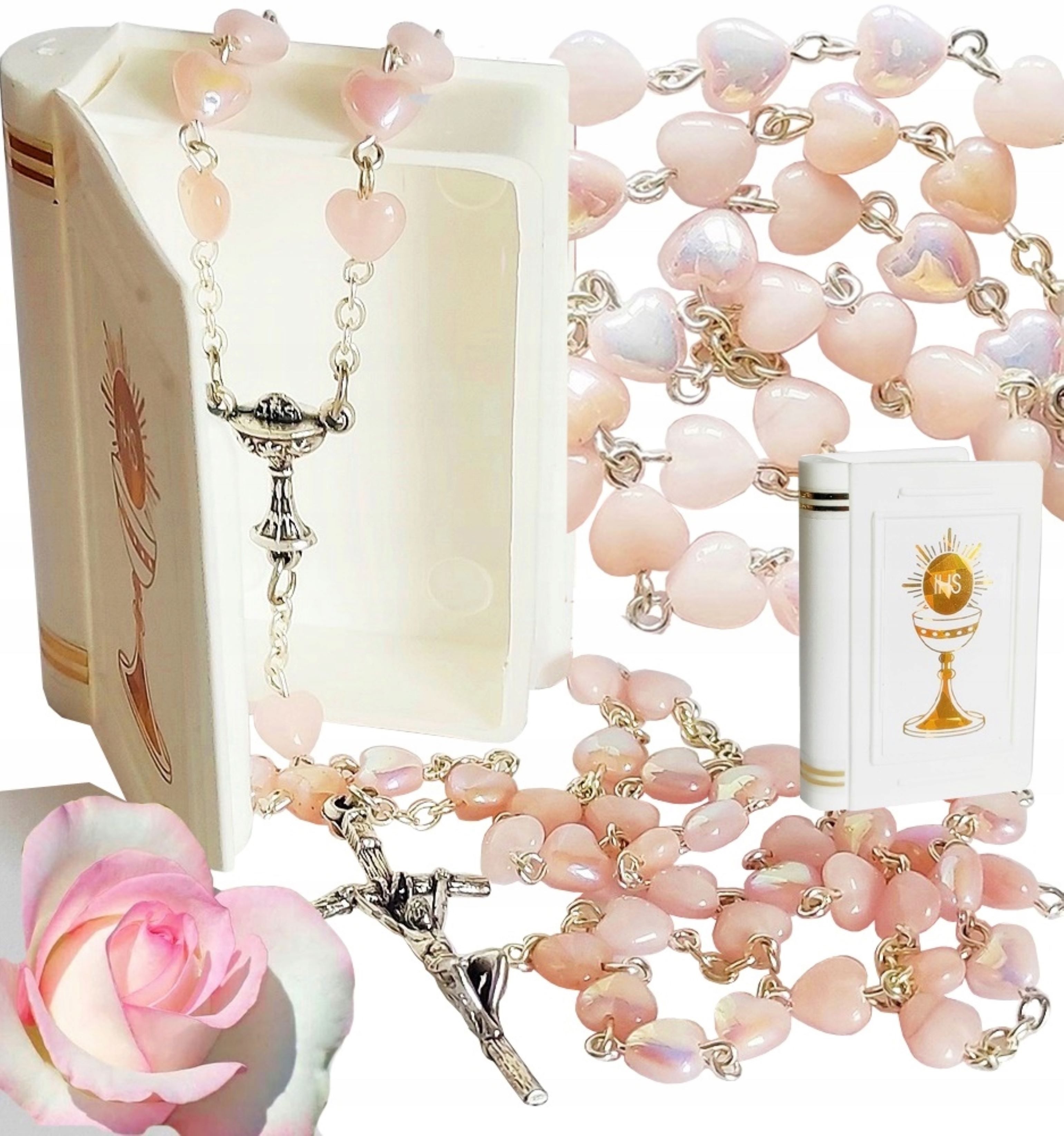 Sacramenta Schmuckset Wunderschöner Rosenkranz mit rosa Herzperlen in Buchbox – Handarbeit! – Bild 4 von 5