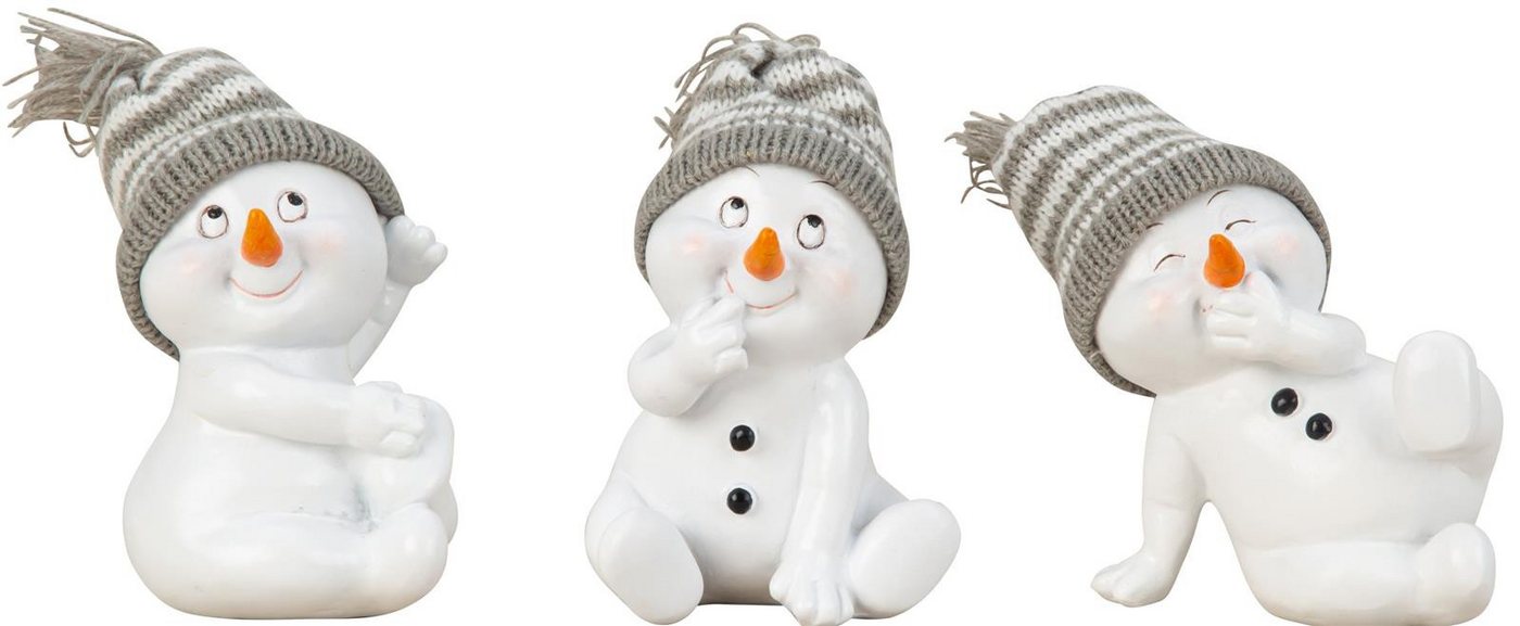 Geschenkestadl Schneemann 3 x Schneemann sitzend 11,5cm Weihnachten Winter versch. Varianten (Spar-Set, 3 x sitzend), lustige Schneemänner