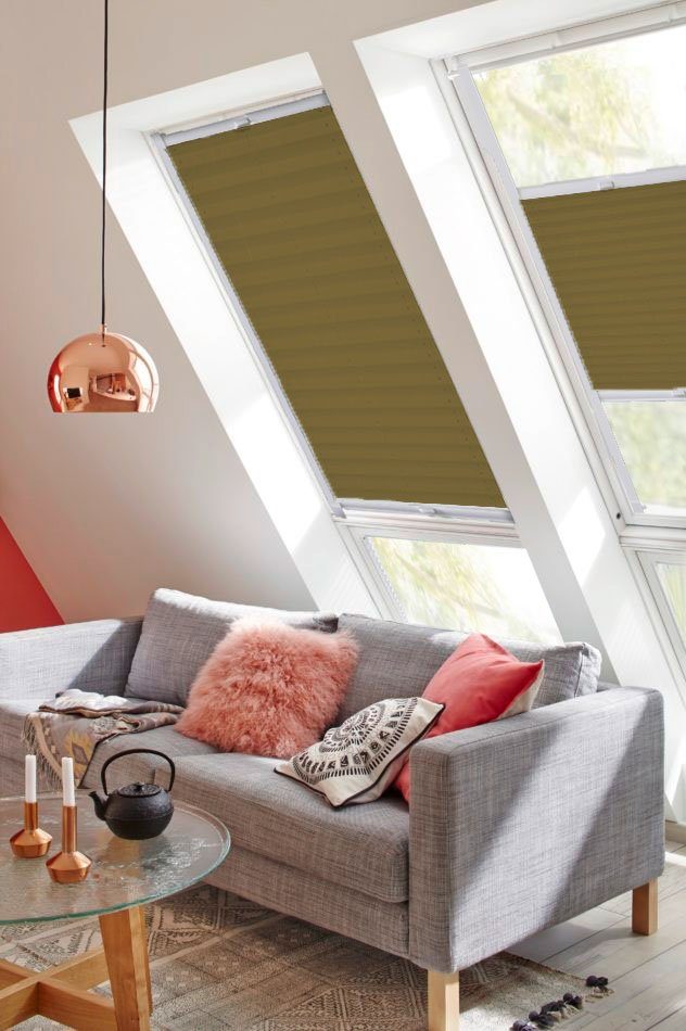 Dachfensterplissee StartUp Style Crush, sunlines, verschraubt, Lichtschutz, Führungsschienen olivgrün verspannt, mit