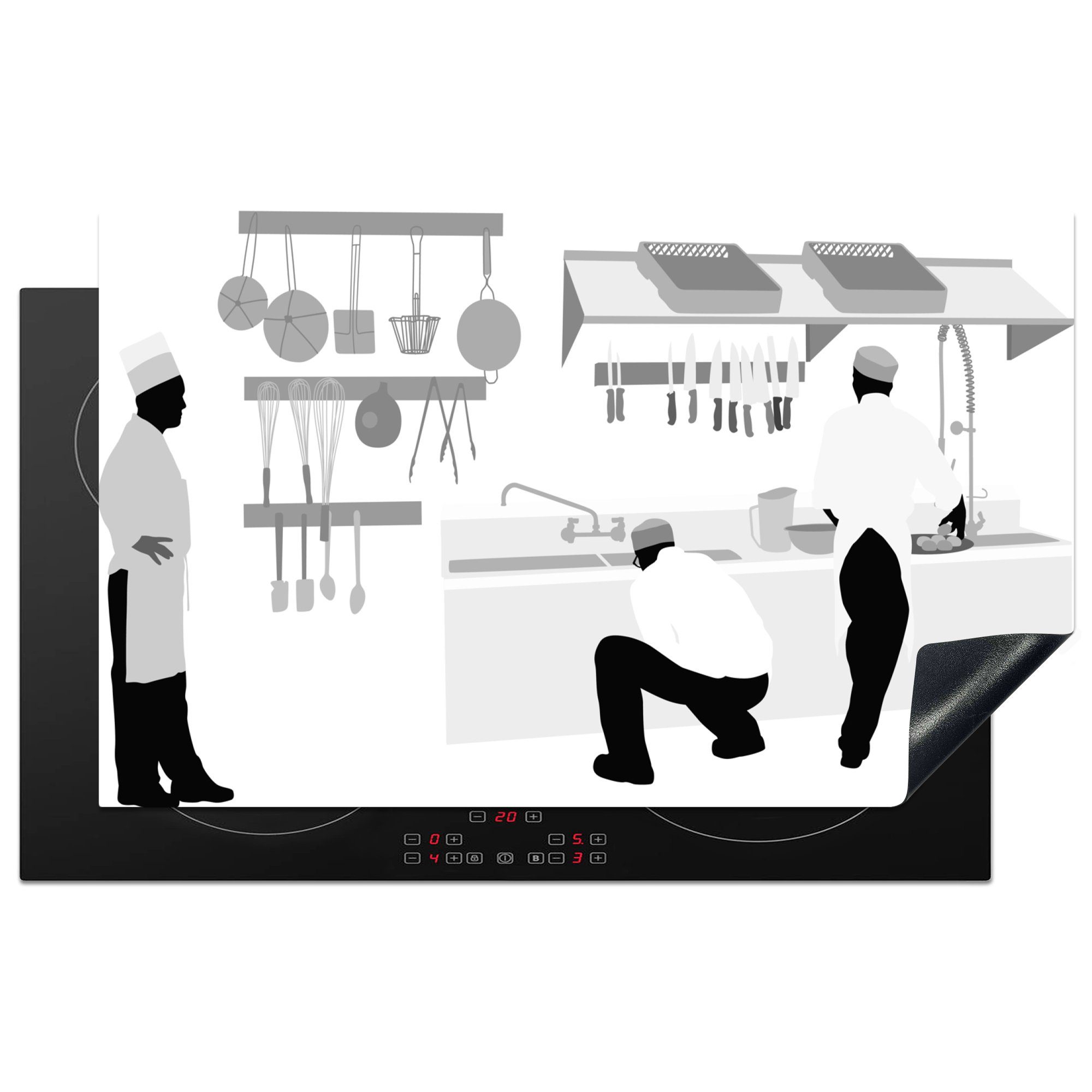 MuchoWow Herdblende-/Abdeckplatte Eine Illustration von einigen Köchen in einer Küche - schwarz und weiß, Vinyl, (1 tlg), 83x51 cm, Ceranfeldabdeckung, Arbeitsplatte für küche