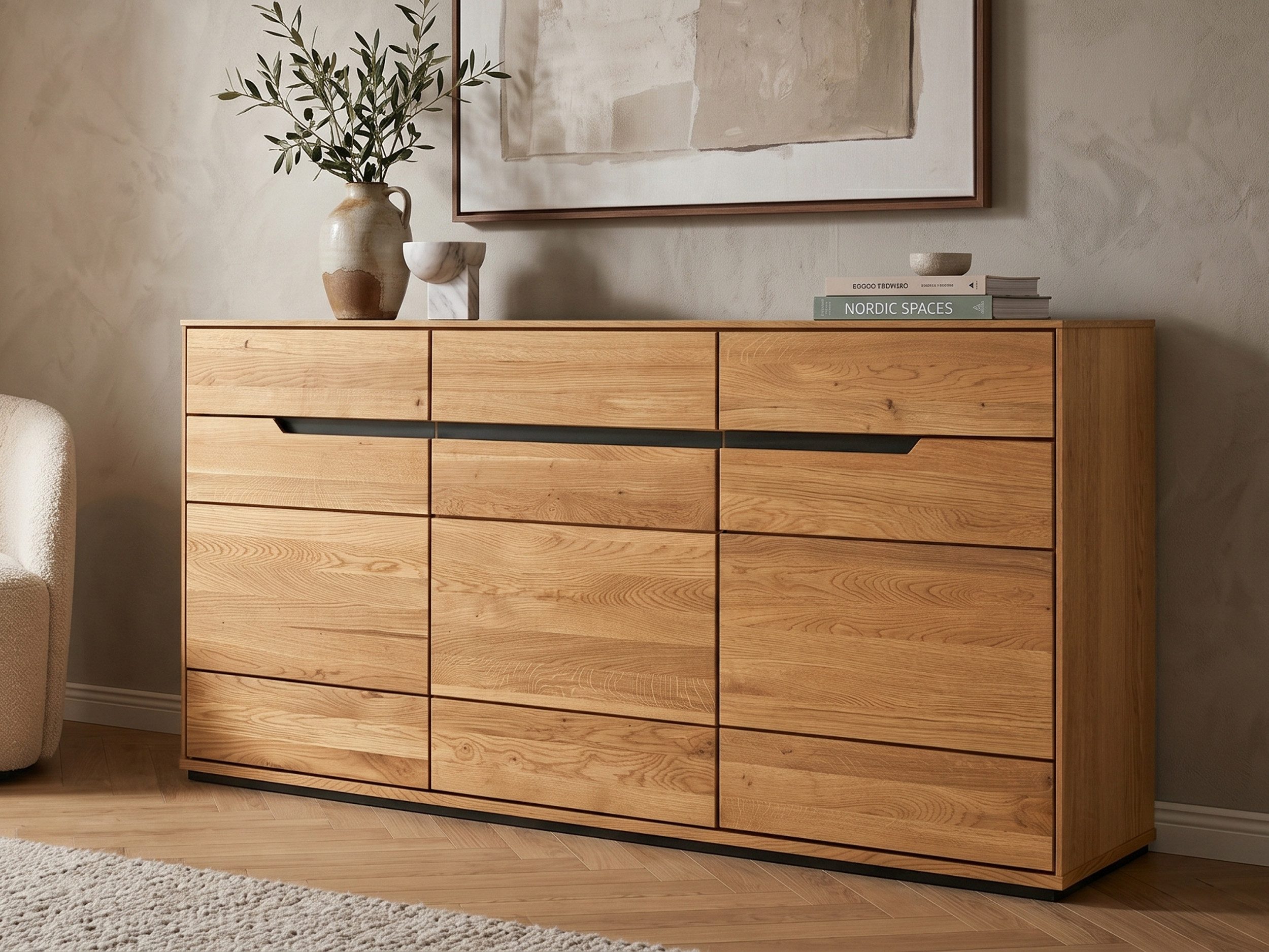 Massivart® Sideboard 153 cm Breite Massivholz Wildeiche geölt »ARAYA«, 3 Schubladen · 3 Drehtüren · 3 Einlegeböden · schwarze Griffmulden