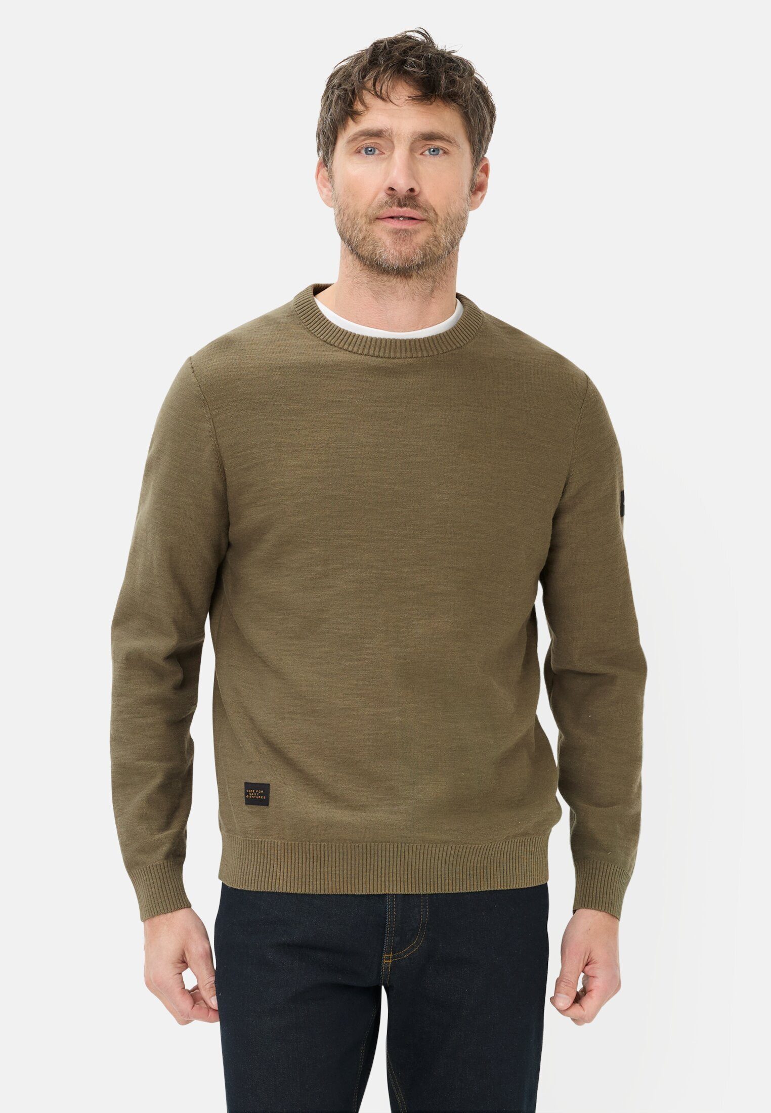 camel active Strickpullover aus reiner Baumwolle Langarm Rundhals Markenlogo