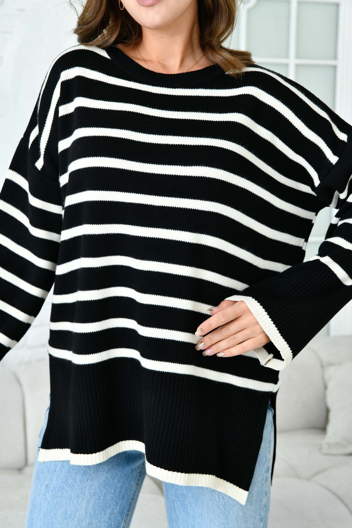 WOMAN VISION Sweater Oversize-Pullover mit Schlitz, Rundhalsausschnitt, Streifenmuster, lan
