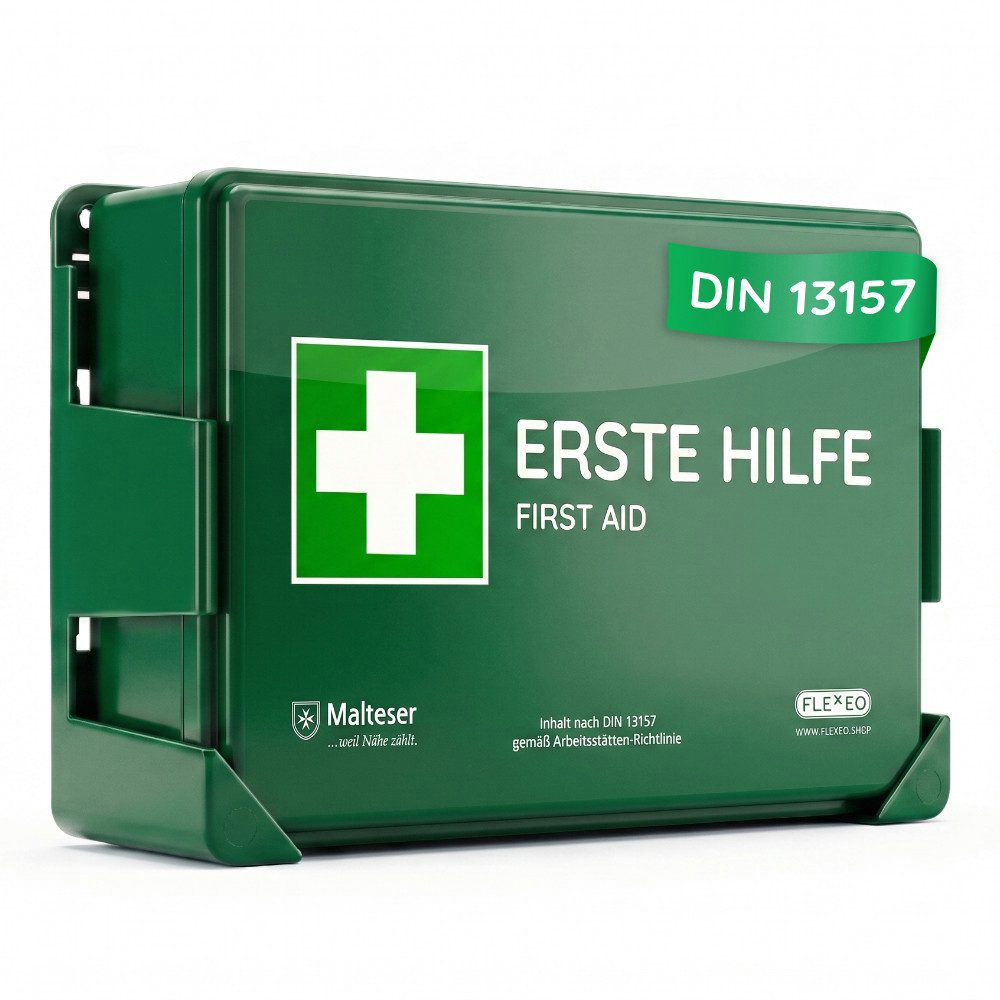 FLEXEO Erste-Hilfe-Koffer DIN 13157, (1 St), Betriebsverbandkasten inkl. Wandhalterung, grün