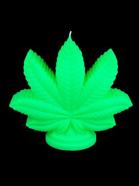 PSYWORK Formkerze Schwarzlicht Kerze Marihuana Weed Blatt Neon 14cm, Grün, UV-aktiv, leuchtet unter Schwarzlicht