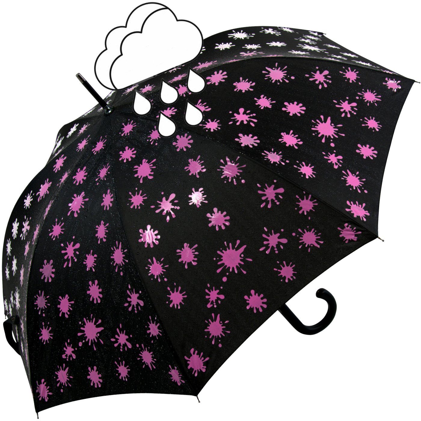 mit iX-brella Nässe Wet bei Damenschirm neon-pink Farbkleckse Automatik schwarz-weiß-neonpink Print, und - Farbänderung iX-brella Langregenschirm
