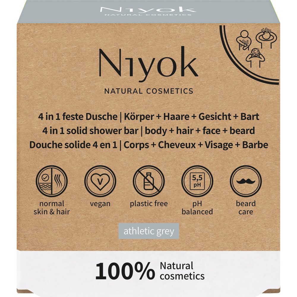 Niyok Feste Duschseife in feste Dusche Körper Haare Gesicht Bart Athletic grey, 80 g