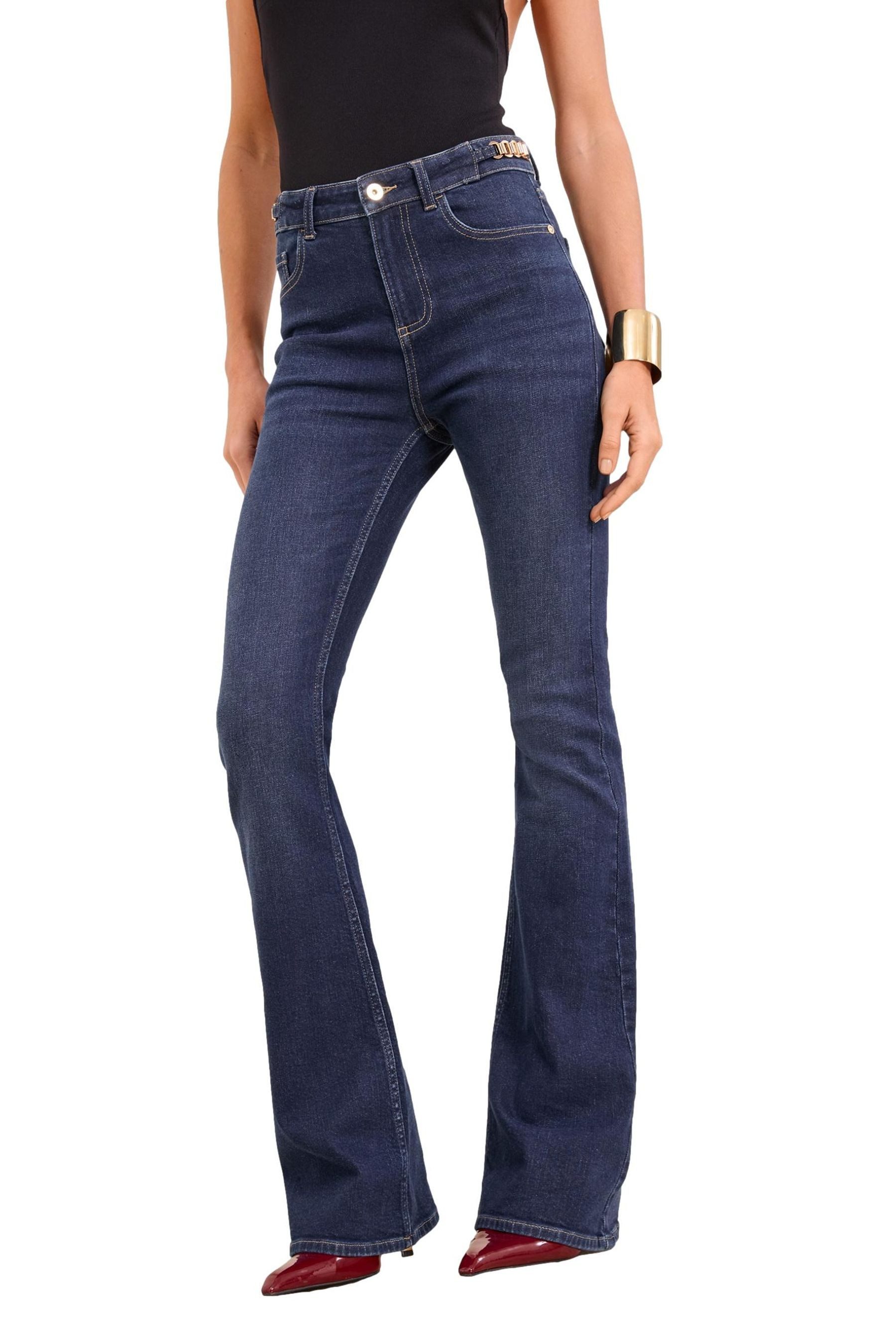 Metallic Waist Trim Dark Wash Blue