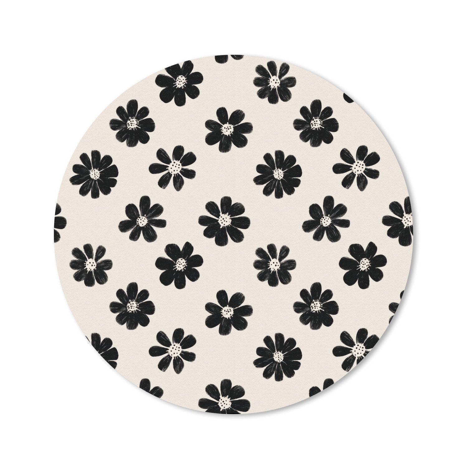 MuchoWow Mauspad Grafik - Gänseblümchen - Schwarz - Beige (1-St), Büro für Tastatur und Maus, Mousepad Gaming, Rund 20x20 cm