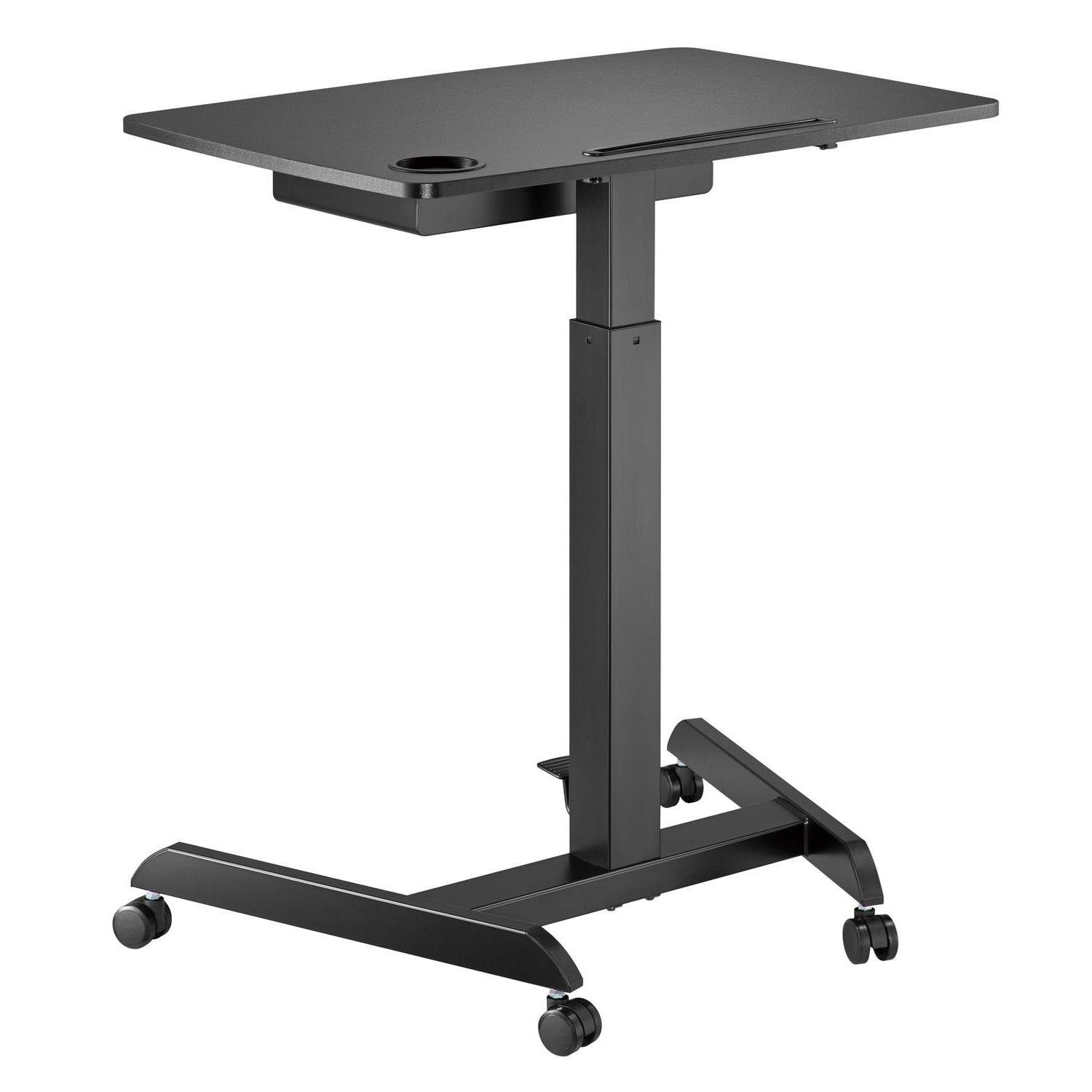 Maclean Schreibtisch MC-903B Sitz-Steh Arbeitsplatz mobiler Laptop Tisch mit Rollen, Schublade & Fußpedal, bis 8 kg, für Home Office & Büro