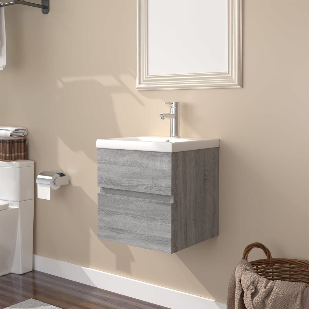 vidaXL Badezimmerspiegelschrank Waschbeckenschrank mit Einbaubecken Grau Sonoma Holzwerkstoff (1-St)