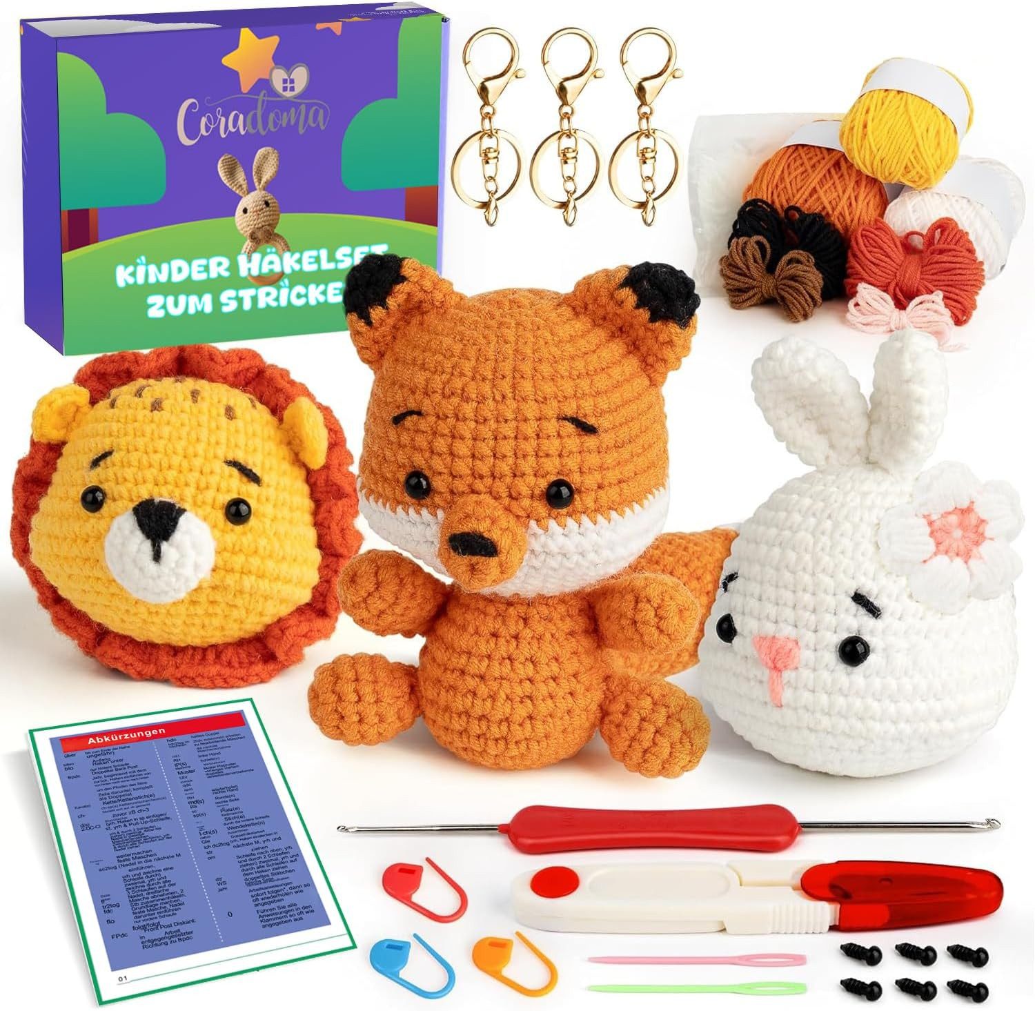 Coradoma Kreativset Strickset Häkelset DIY Nähset für Kinder Häkeln und Stricken Amigurumi, Starterset für Anfänger Crochet Kit Tiere Kuscheltier