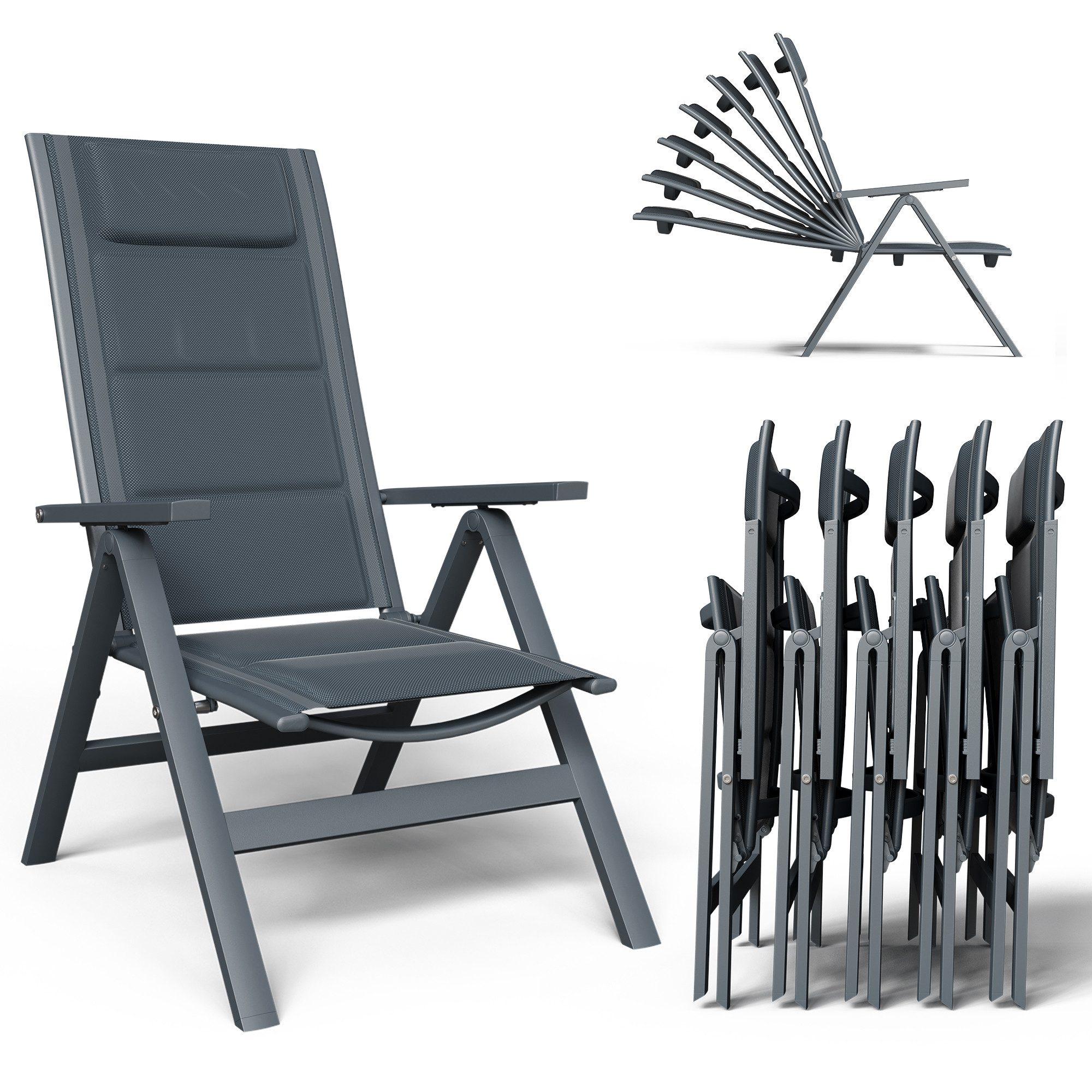 HOMALL Gartenstuhl Aluminium Klappstuhl mit Armlehnen, 7-stufig verstellbarer Rückenlehne (Set, 6 St), Klappbare Gartenstühle reißfest und atmungsaktiv bis 150kg belastbar