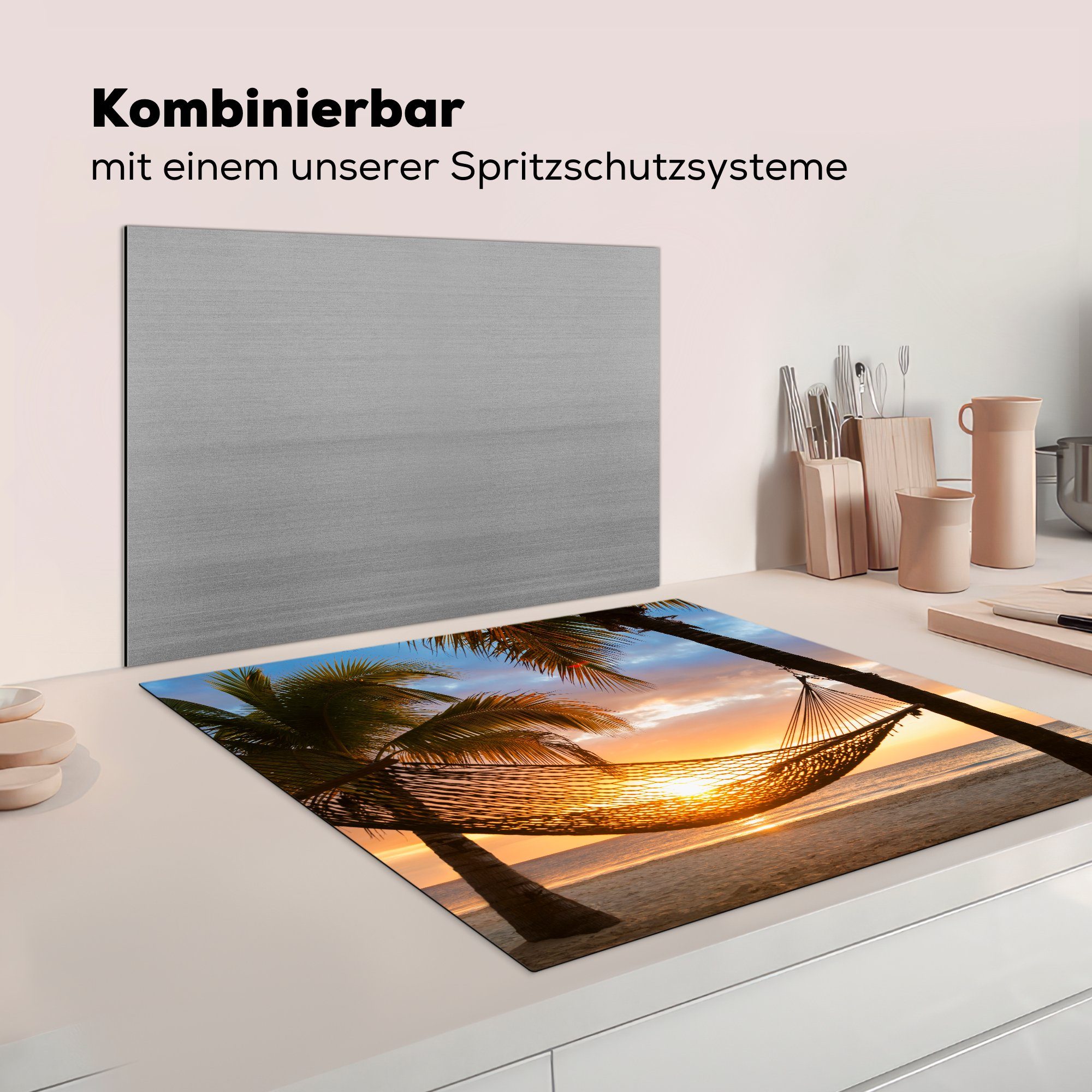 für am Vinyl, Arbeitsplatte MuchoWow Karibikstrand, tlg), cm, küche Ceranfeldabdeckung, (1 Herdblende-/Abdeckplatte 78x78 Hängematte