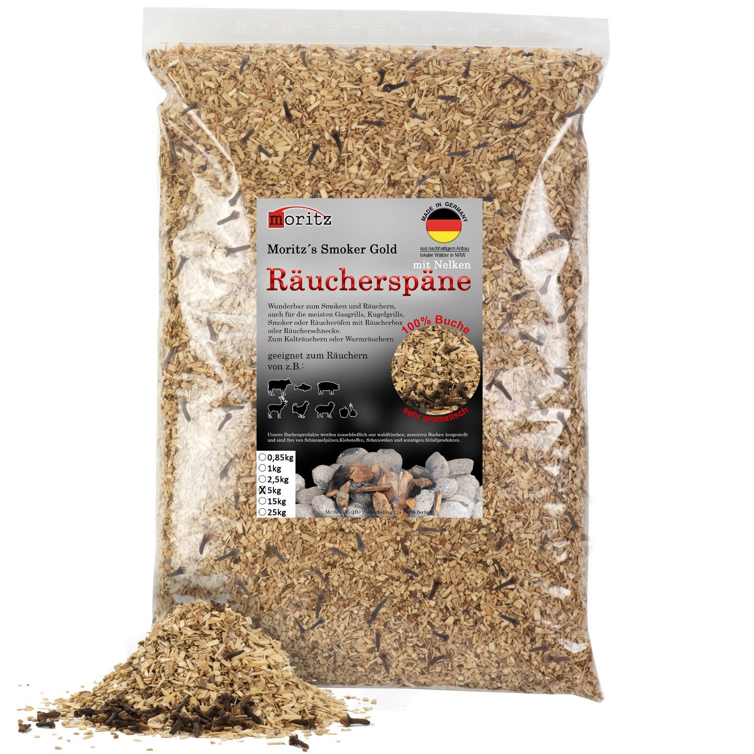 Moritz Räucherbox 5kg Räucherspäne Buche mit Nelke fein 0,75 -2 mm zum smoken, räuchern/kalträuchern von Fleisch, Fisch, Gemüse geeignet