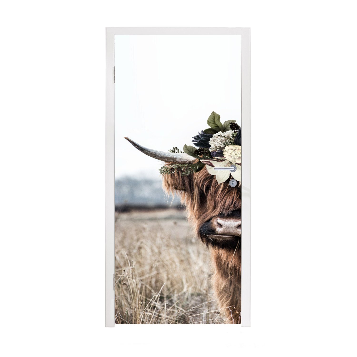 MuchoWow Türtapete Schottischer Highlander - Blumenstrauß - Natur, Matt, bedruckt, (1 St), Fototapete für Tür, Türaufkleber, 75x205 cm