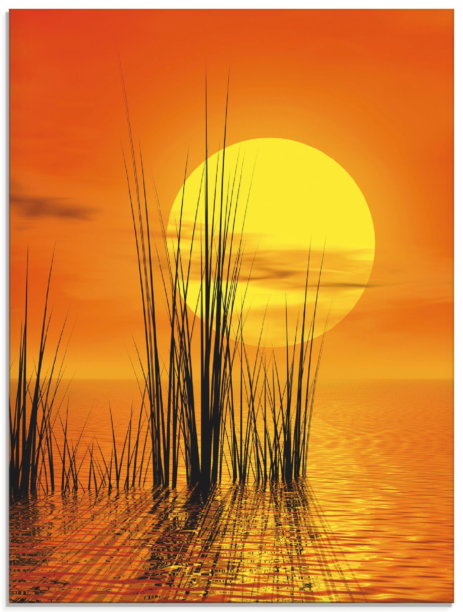Glasbild Sonnenuntergang mit Schilf