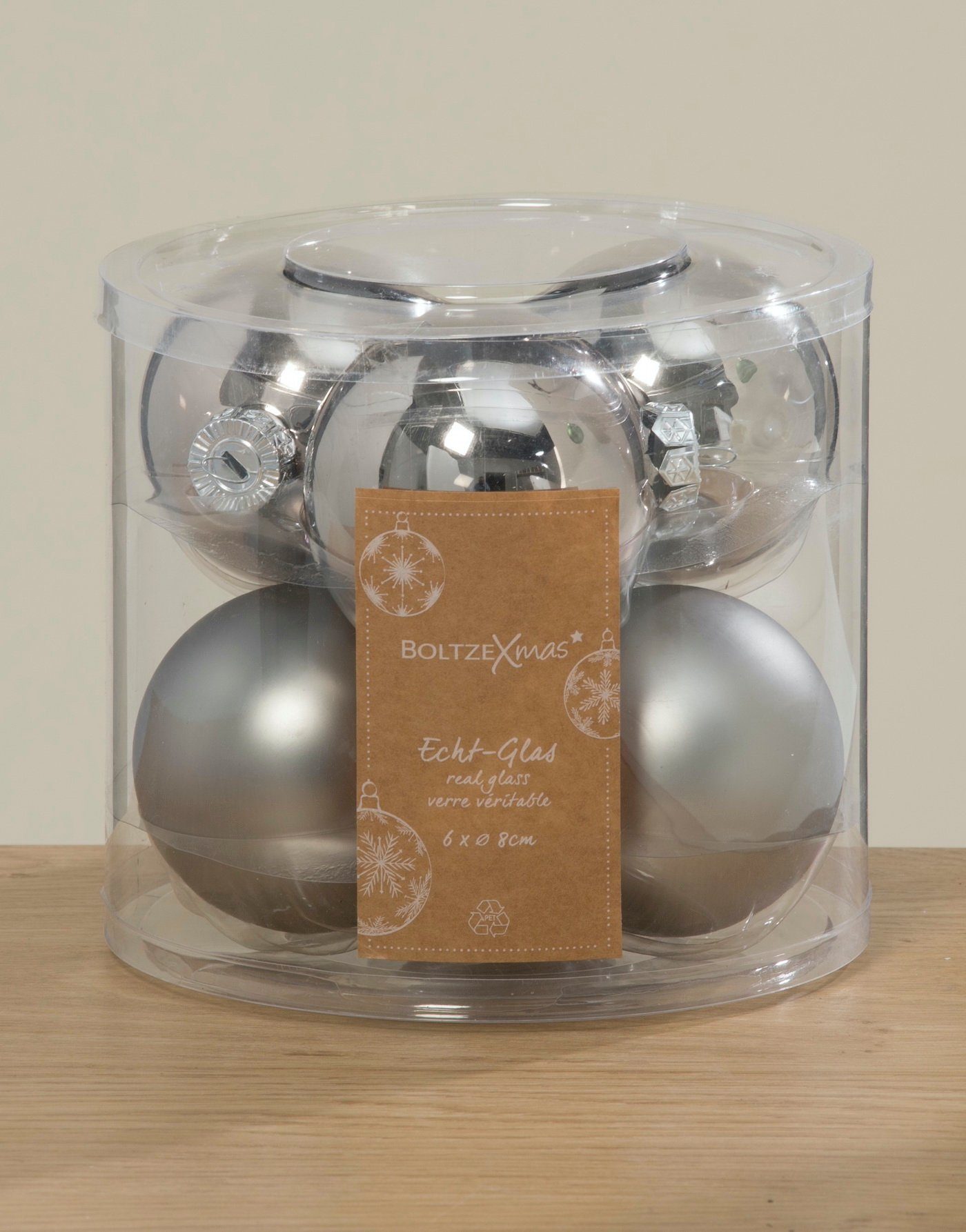 BOLTZE GRUPPE GmbH Weihnachtsbaumkugel Weihnachtskugel Box perlgrau Glas lackiert D8cm 6tlg., Echtglas-Weihnachtsschmuck