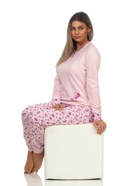Normann Pyjama Damen Pyjama mit Bündchen und Herz Motiven in Kuschel Interlock