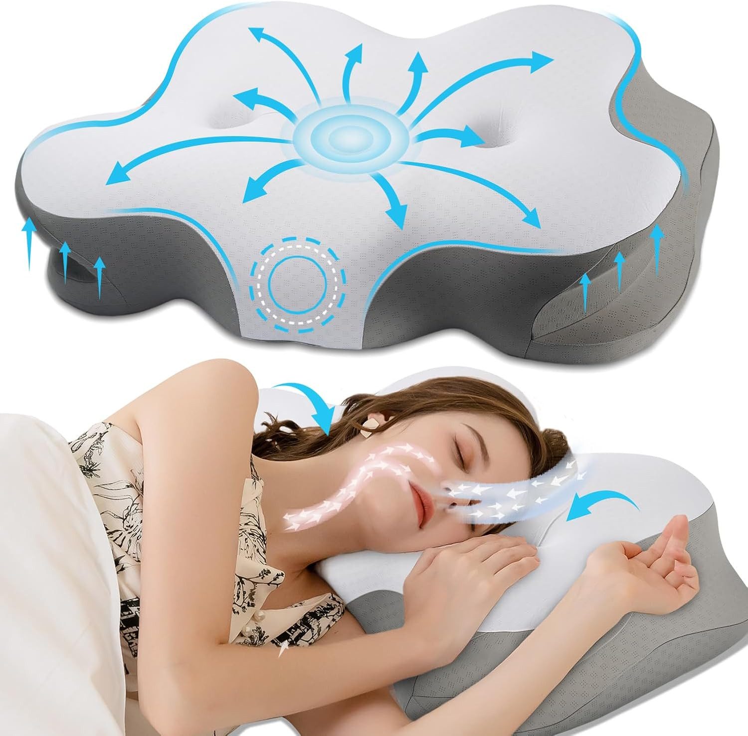 Esun Kopfkissen Nackenstützkissen, Kopfkissen Memory Foam, Kissen Seitenschläferkissen, Füllung: Rückstellschaum, Rückenschlafer, Bauchschlafer, Seitenschlafer, Innovatives Design, das nicht auf die Ohren drückt, Kissen für Seiten Rücken & Bauchschläfer,