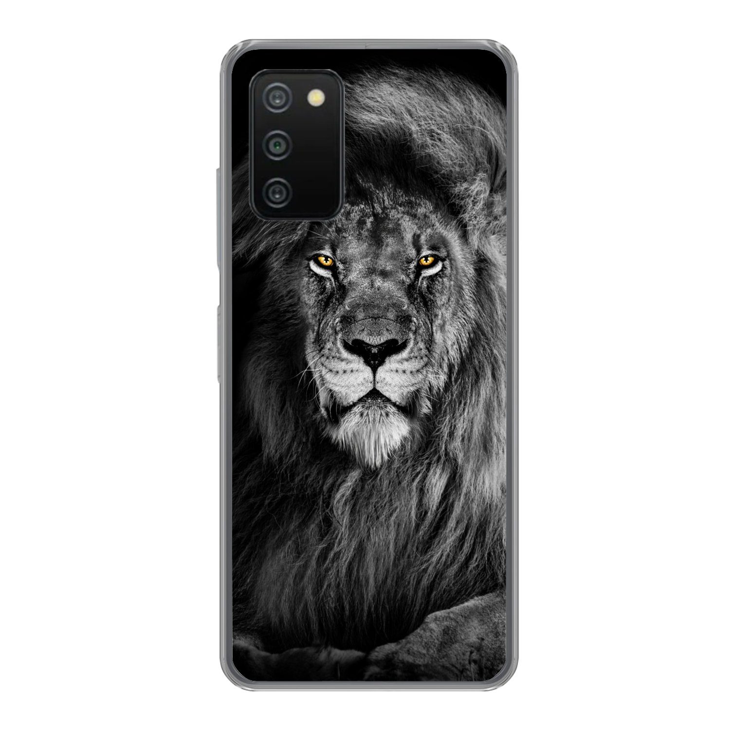 MuchoWow Handyhülle für Samsung Galaxy A03s Löwe - Augen - Orange - Schwarz und weiß - Tie, Smartphone-Bumper, Print, Handy Schutzhülle Dünn