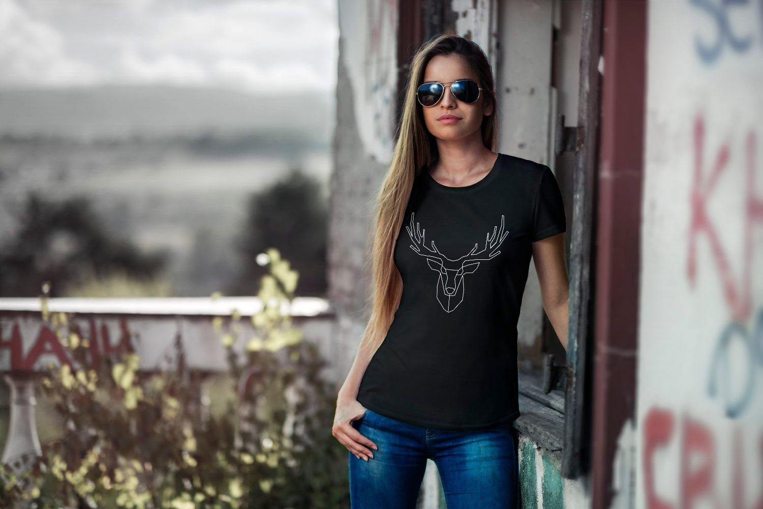 Neverless Print-Shirt Damen T-Shirt Hirsch Polygon Geweih Geometrisch Formen Slim Fit mit Print – Bild 3 von 4