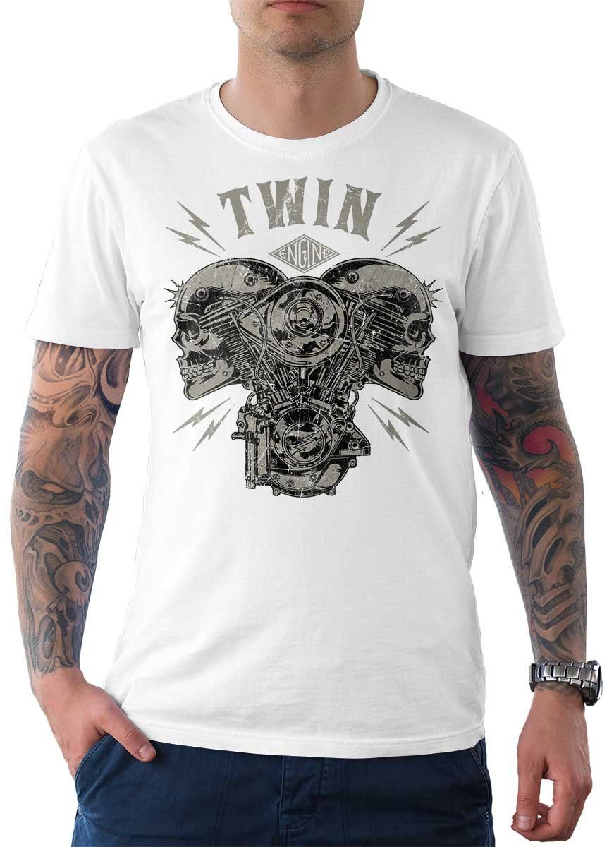 Rebel On Wheels T-Shirt Herren T-Shirt Tee V-Twin Skull mit Biker / Motorrad Motiv Weiß