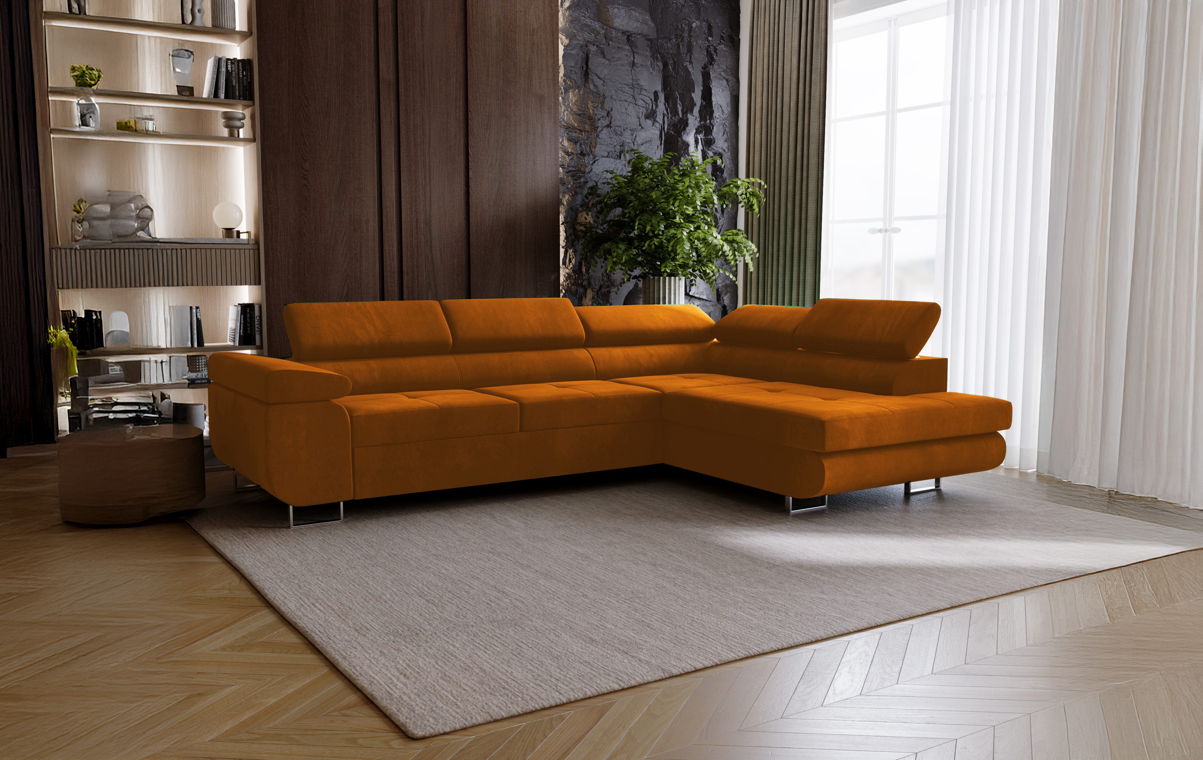 Goldstoff Ecksofa mit Schlaffunktion - Designersofa, Sofa mit Bettfunktion günstig online kaufen