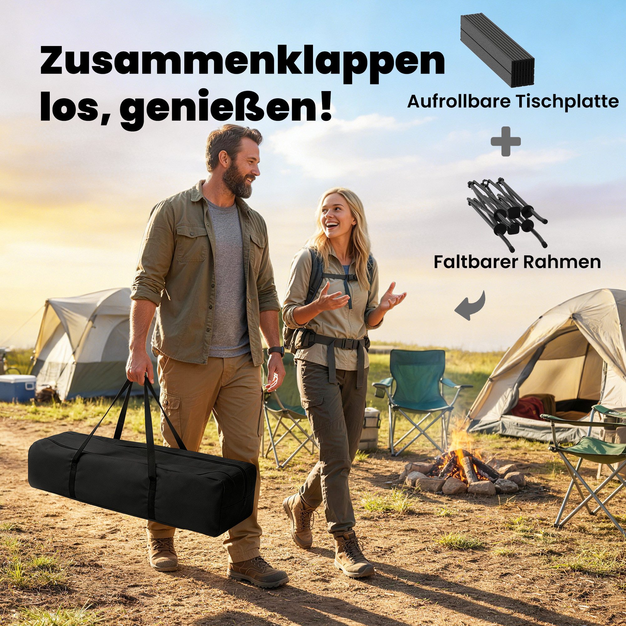 Outsunny Campingtisch Gartentisch Beistelltisch für Garten Balkon Camping Schwarz (Tisch, 1-St., Falttisch), Klappbar, Alu-Tischplatte, mit Netzfach – Bild 4 von 5