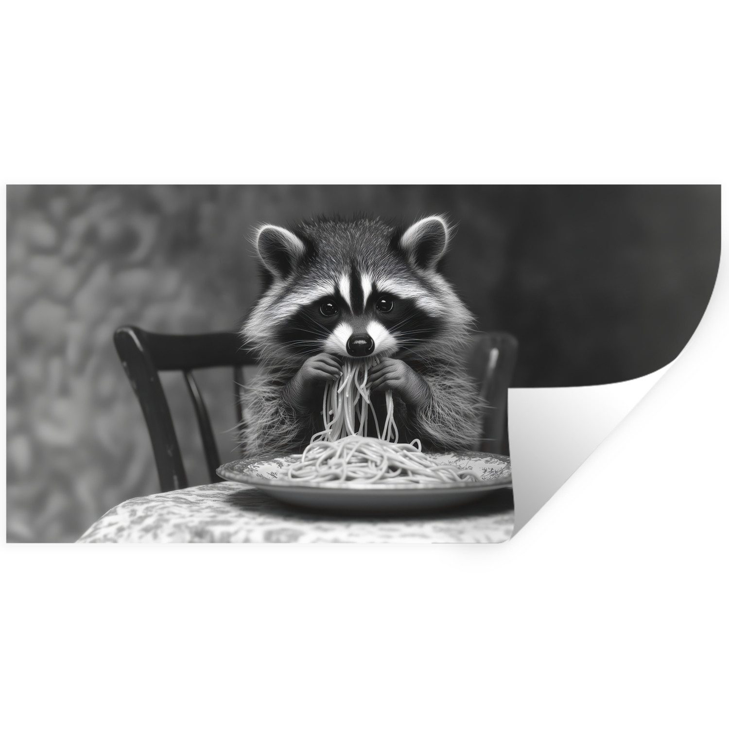 MuchoWow Wandsticker Waschbär - Niedlich - Pasta - Tischtuch - Schwarz - Weiß (1 St), Sticker für die Wohnzimmer und Schlafzimmer, 80x40 cm