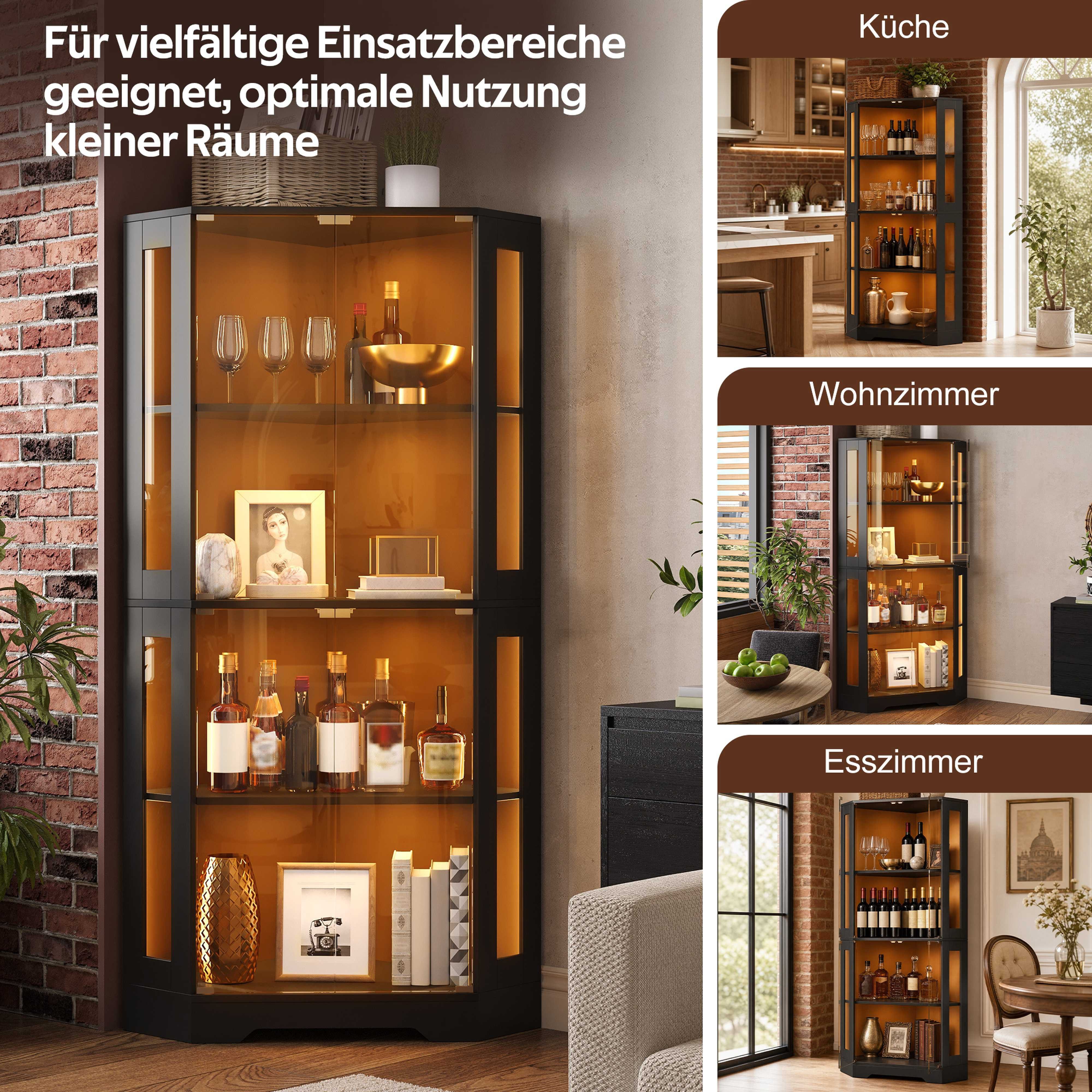 BlingBin Eckvitrine 165cm hoher Glasvitrinenschrank mit LED,Push-to-Open System (2 Packung, 1-St., moderner Weinschrank für Figuren, Sammlerstücke und Wein) 4-stufiger Sicherheitsglas-Eckschrank,für Küche & Esszimmer,Schwarz