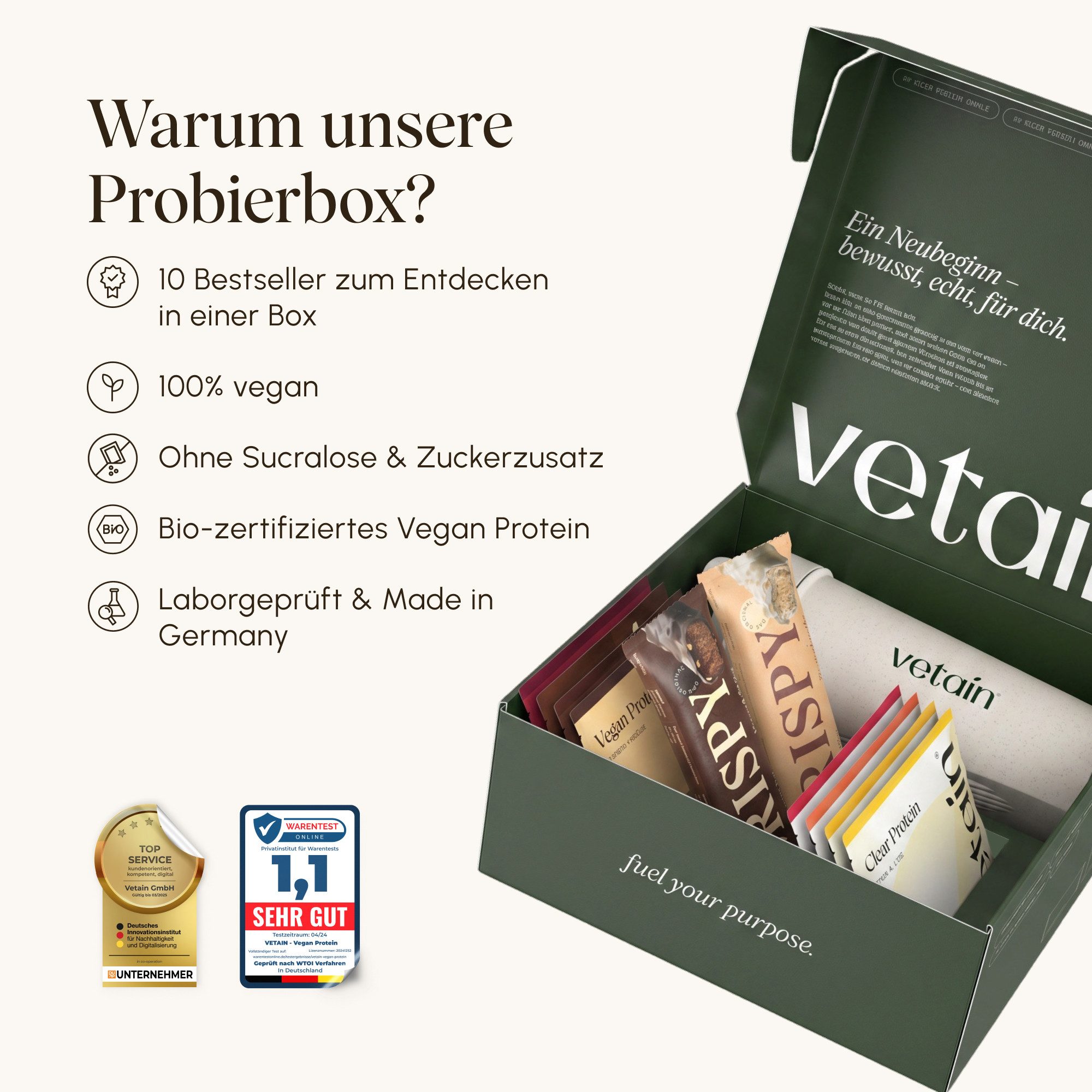 VETAIN Premium Protein Probierpaket - 10x Bestseller + Gratis Shaker - Pulver, 10 er, Ohne künstliche Süßungsmittel, Ohne Soja, 100% vegan