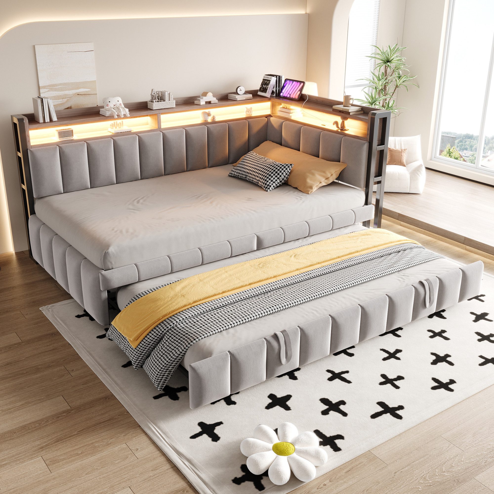 Odikalo Schlafsofa Polsterbett Schlafcouch 90x200 Mit Ausziehbett LED-Beleuchtung, Ablagefächern am Kopf-und Fußende Ausgestattet mit USB-und Typ-C-Anschlüssen Samtstoff