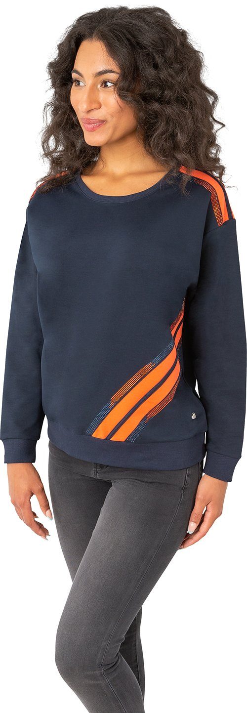 Gio Milano Sweatshirt G27-7125 mit abgesetzten Streifen und Strassbesatz marine