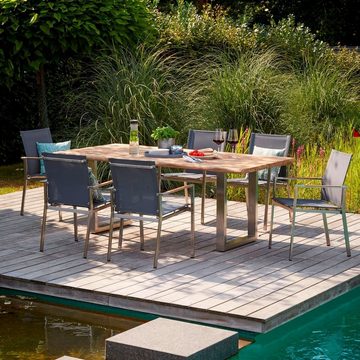 Outdoor Gartentisch ONTARIO, B 200 x T 100 cm, Edelstahl, Braun, Tischplatte aus Teakholz mit Baumkante