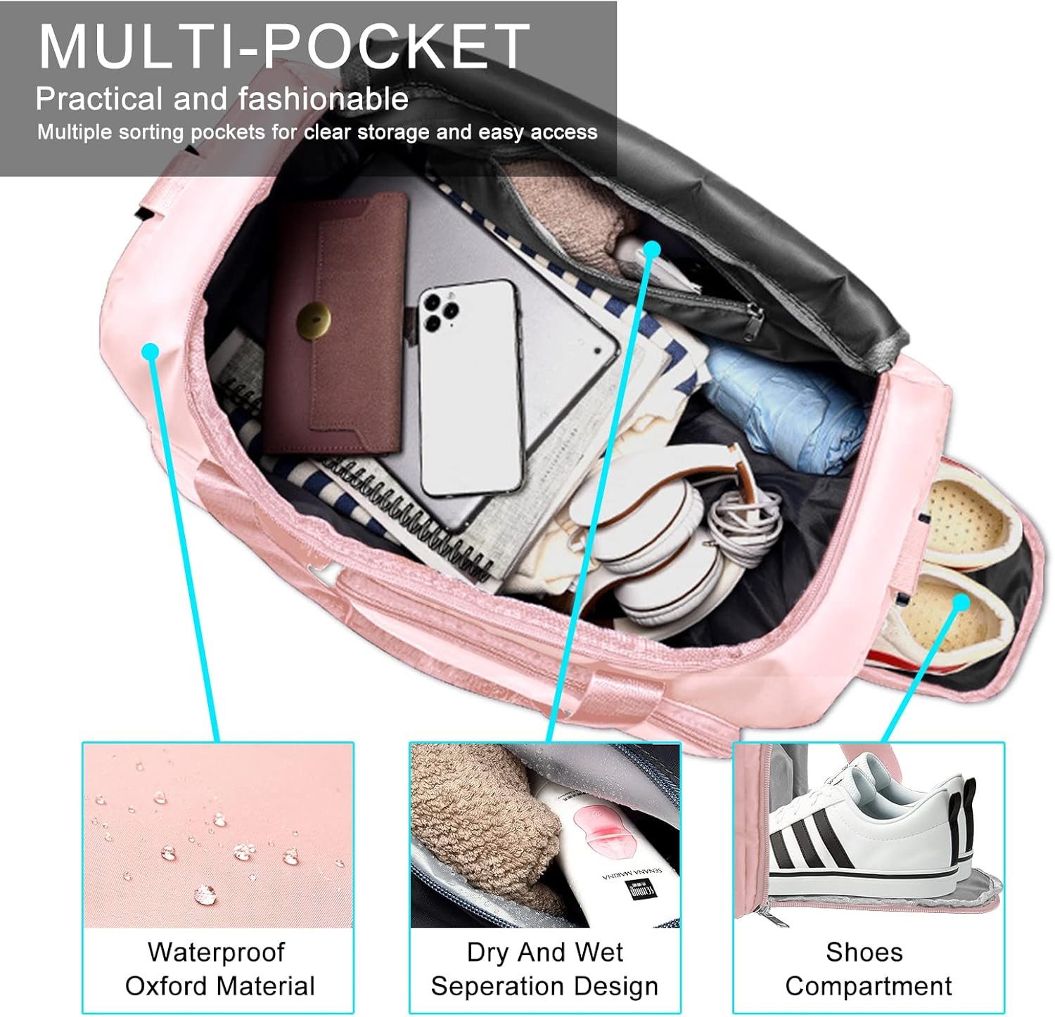 Feelhap Sporttasche Sporttasche XL Reisetasche mit Schuhfach Nassfach Fitness Tasche (Einzelartikel Sporttasche XL Reisetasche Fitness Tasche, 1 Sporttasche XL Reisetasche Fitness Tasche mit Schuhfach Nassfach), Schuhfach Nassfach viele Fächer wasserabweisend Schultergurt