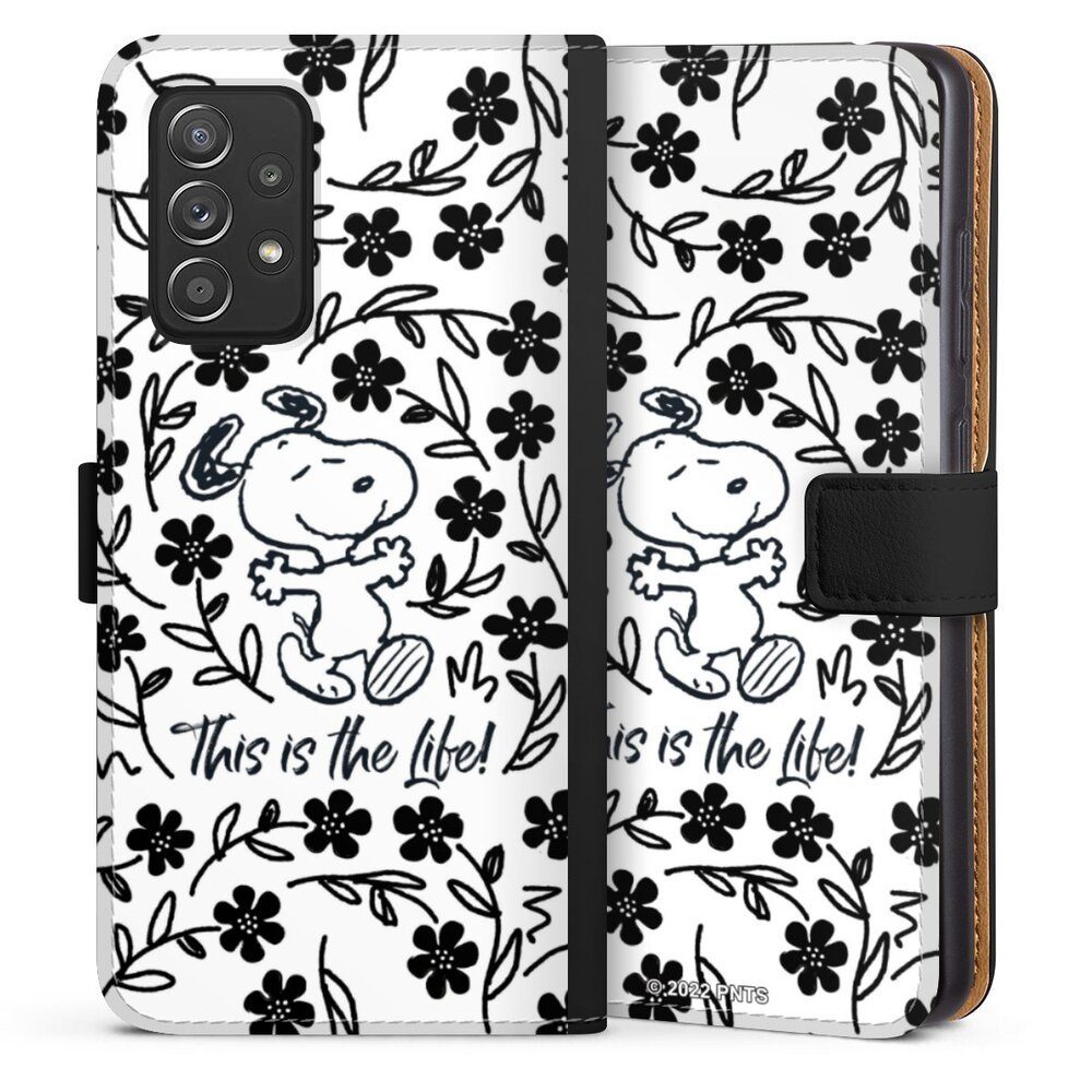 DeinDesign Handyhülle Peanuts Blumen Snoopy Snoopy Black and White This Is The Life, Samsung Galaxy A52 5G Hülle Handy Flip Case Wallet Cover