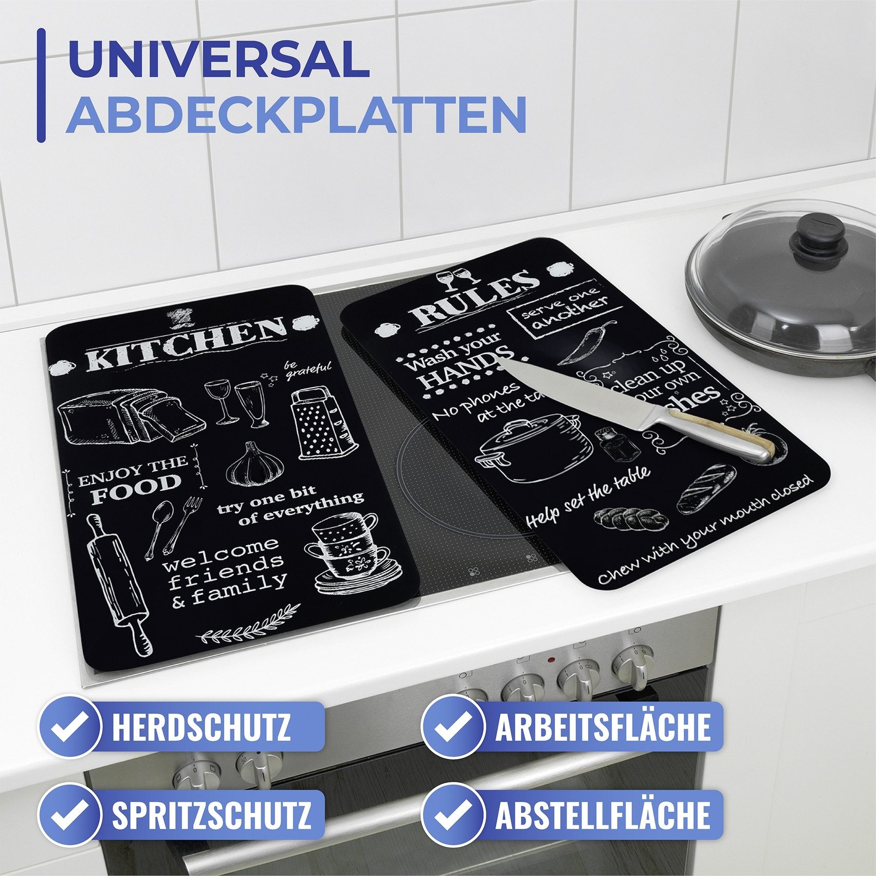 Maximex Herd-Abdeckplatte Universal Modell KITCHEN RULES, Glas, Kunststoff, (Set, 2 tlg), für Induktions-, Glaskeramik-, Elektro- und Gasherde, höhenverstellbar