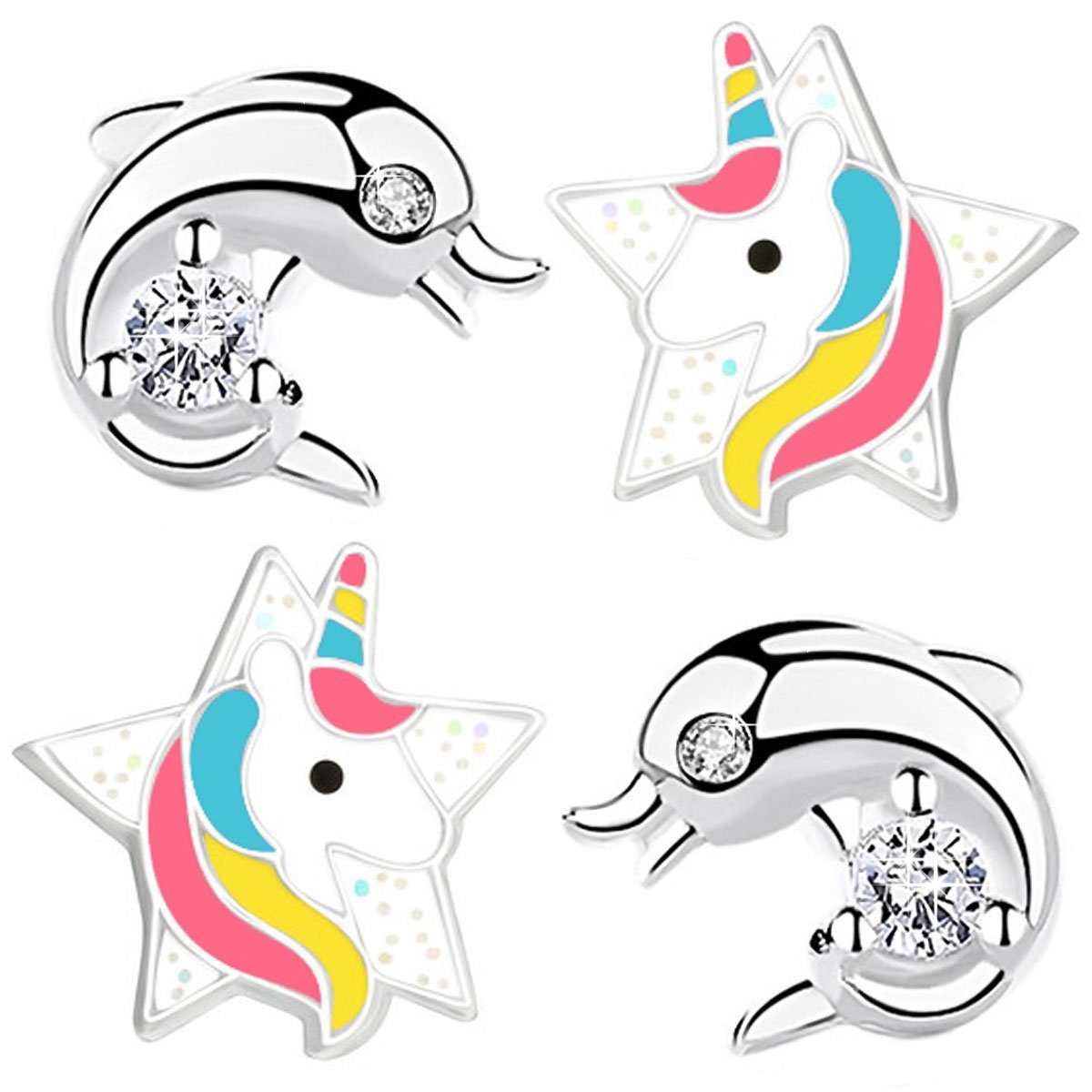Limana Ohrstecker-Set echt 925 Sterling Silber Einhorn Pferd Delfin Delphin Sterne, Geschenkidee Geschenk | Ohrstecker