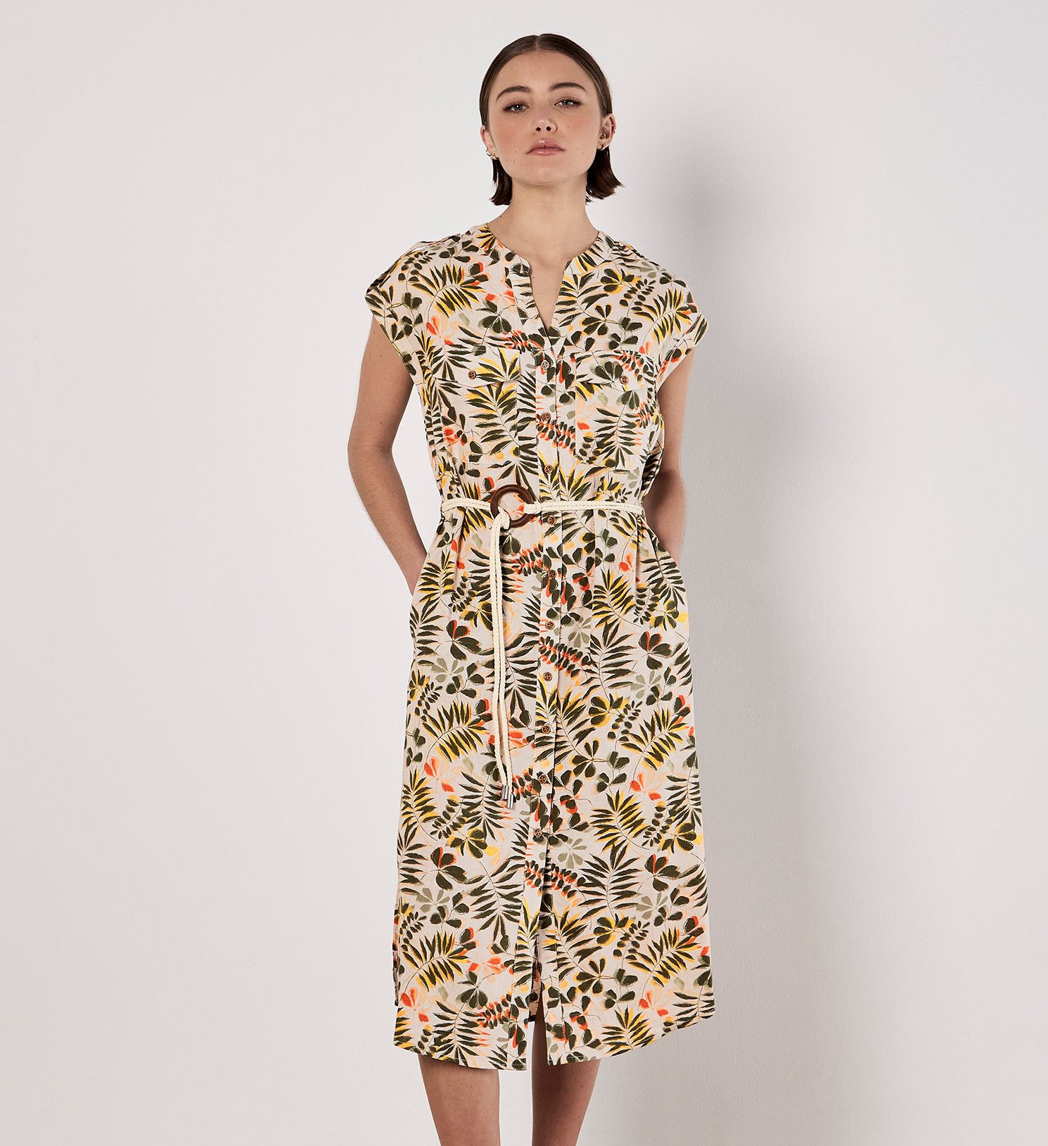 Midikleid Midi-Hemdkleid mit Blätterdruck